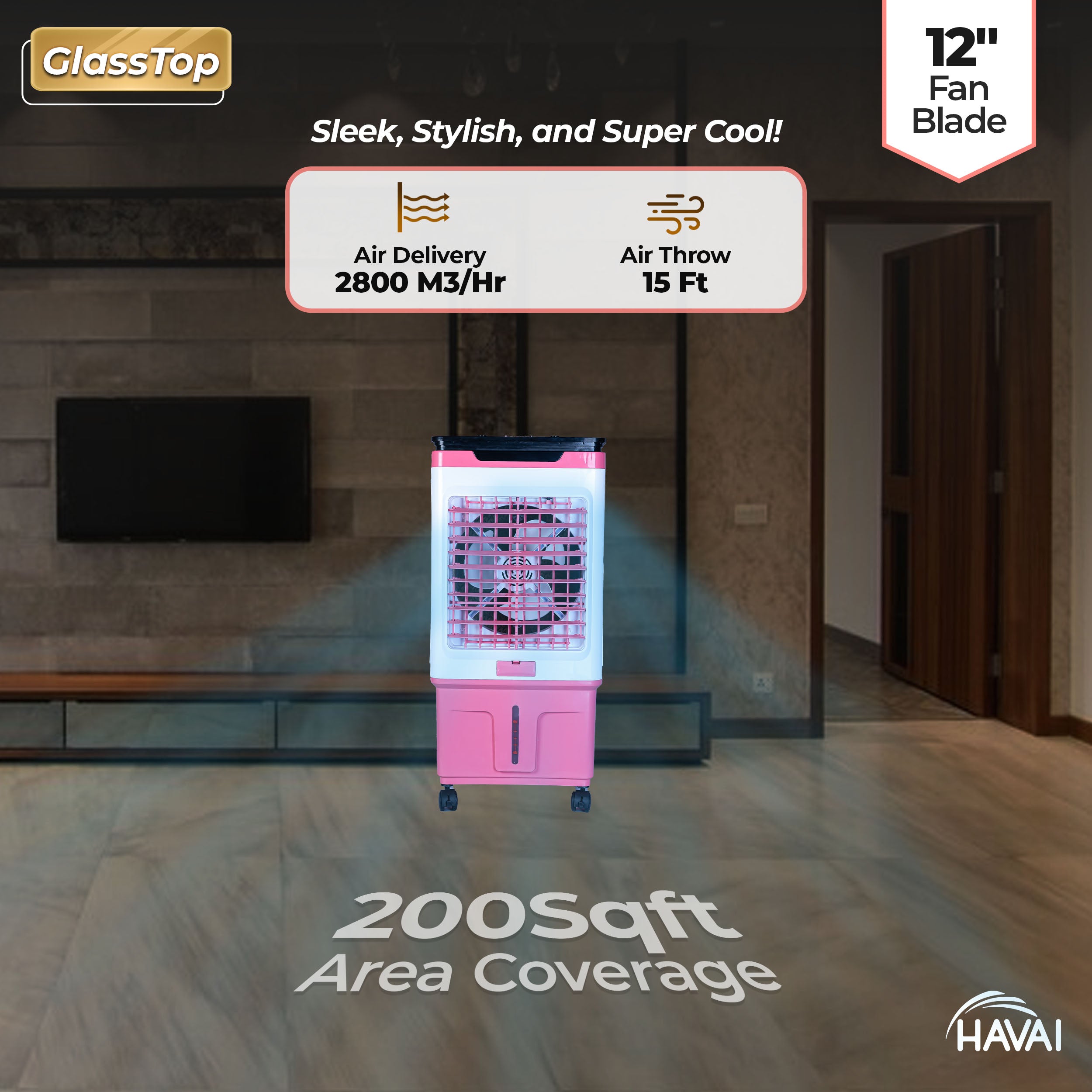 HAVAI Premium Glass Top GT 12 | 12" Fan Blade | 40 Litre Tank Capacity | 160W Power | 15ft Air Throw | 3-Side Honeycomb Cooling | Sleek Glass Top Design | 4 Castor Wheels (PINK)