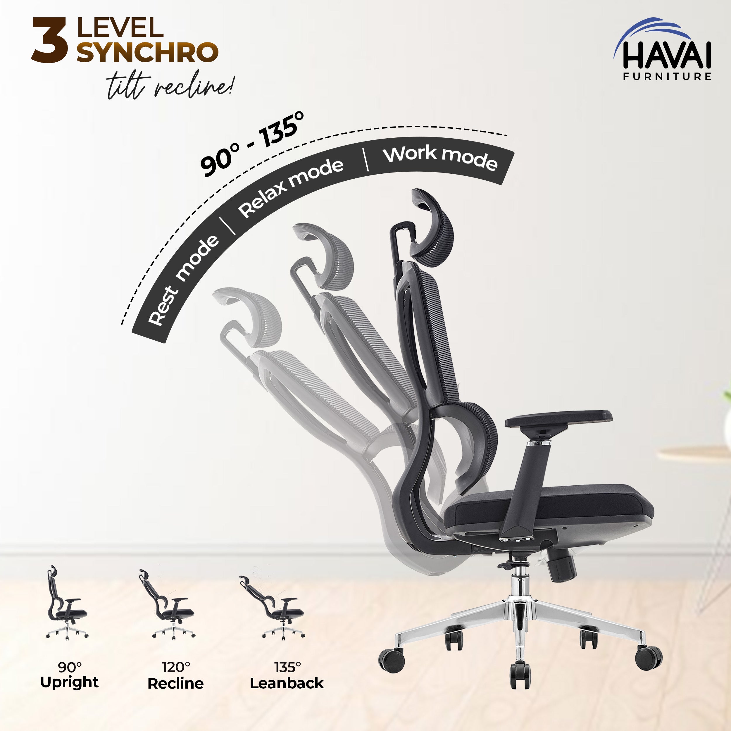 HAVAI Flexi High Back Black Mesh Ergonomic Office Chair | Multi-Lock Synchro Tilt | Aluminium Base | Class 4 Gaslift | Seat Slider | 3D Adjustable Armrests | 50mm Casters | Premium Mesh Back & Fabric Seat(Black)