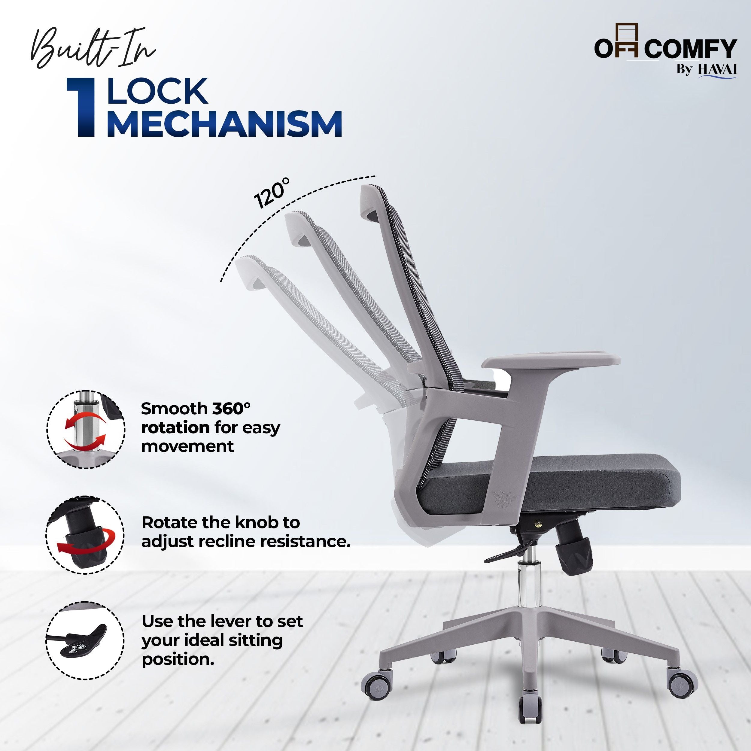 HAVAI Ergolite Mid Back Ergonomic Mesh Office Chair | One Lock Tilt Mechanism | Fixed Armrests | Nylon Base | Breathable Mesh Back (Grey)