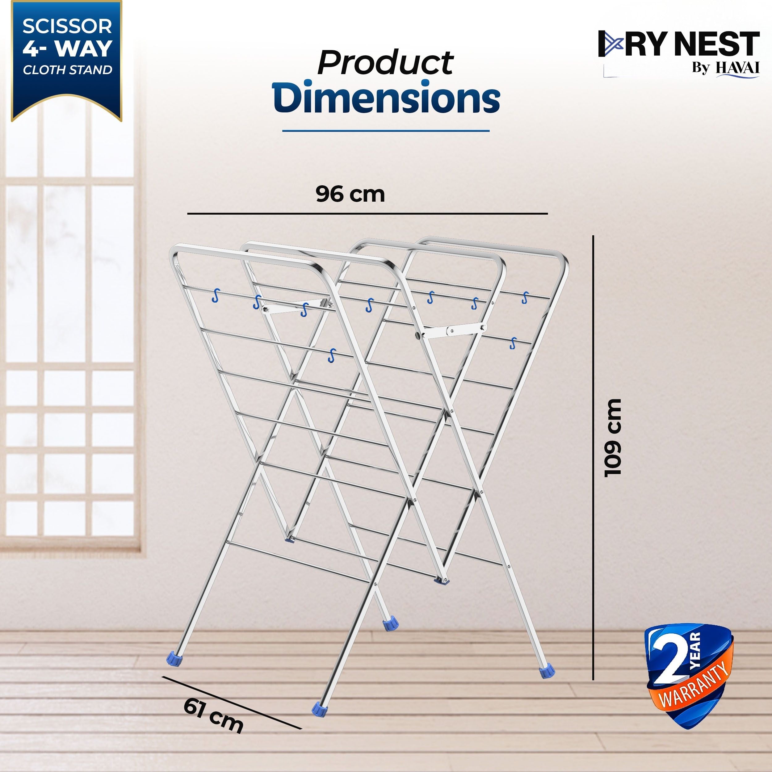 HAVAI DRY NEST 3kg Heavy Duty Premium Cloth Drying Stand | 4-Way Foldable Stainless Steel Clothes Dryer | 20 Rods with Hanger Hooks | 30kg Load Capacity | Strong & Stable | 2 Year Warranty