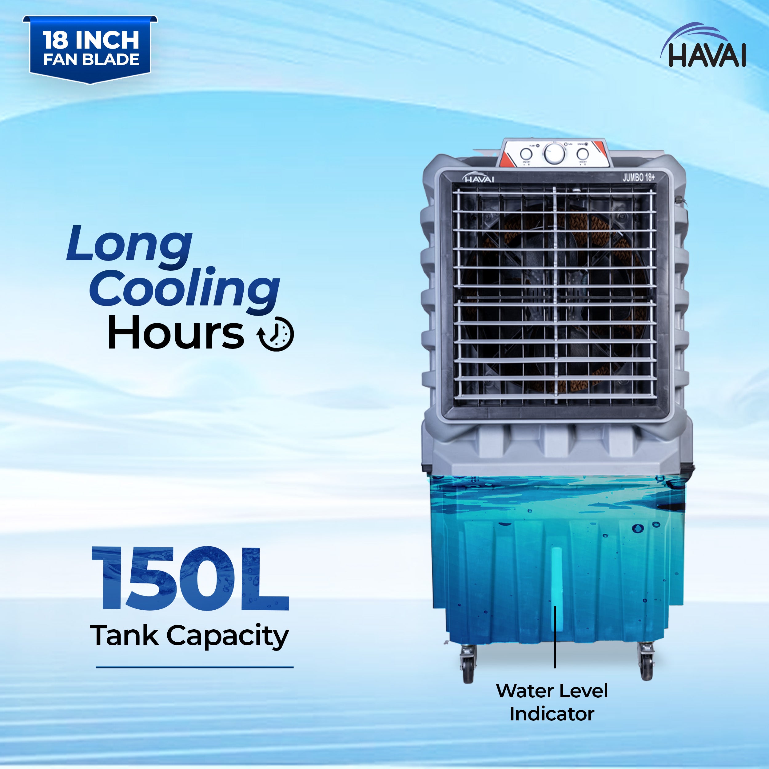 HAVAI Jumbo 18+ Massey Desert Cooler | 150L | 18-Inch Fan | Heavy-Duty 41mm Motor | 3-Side Honeycomb Pads | Auto Swing | Castor Wheels | 230V, 280W | White & Grey