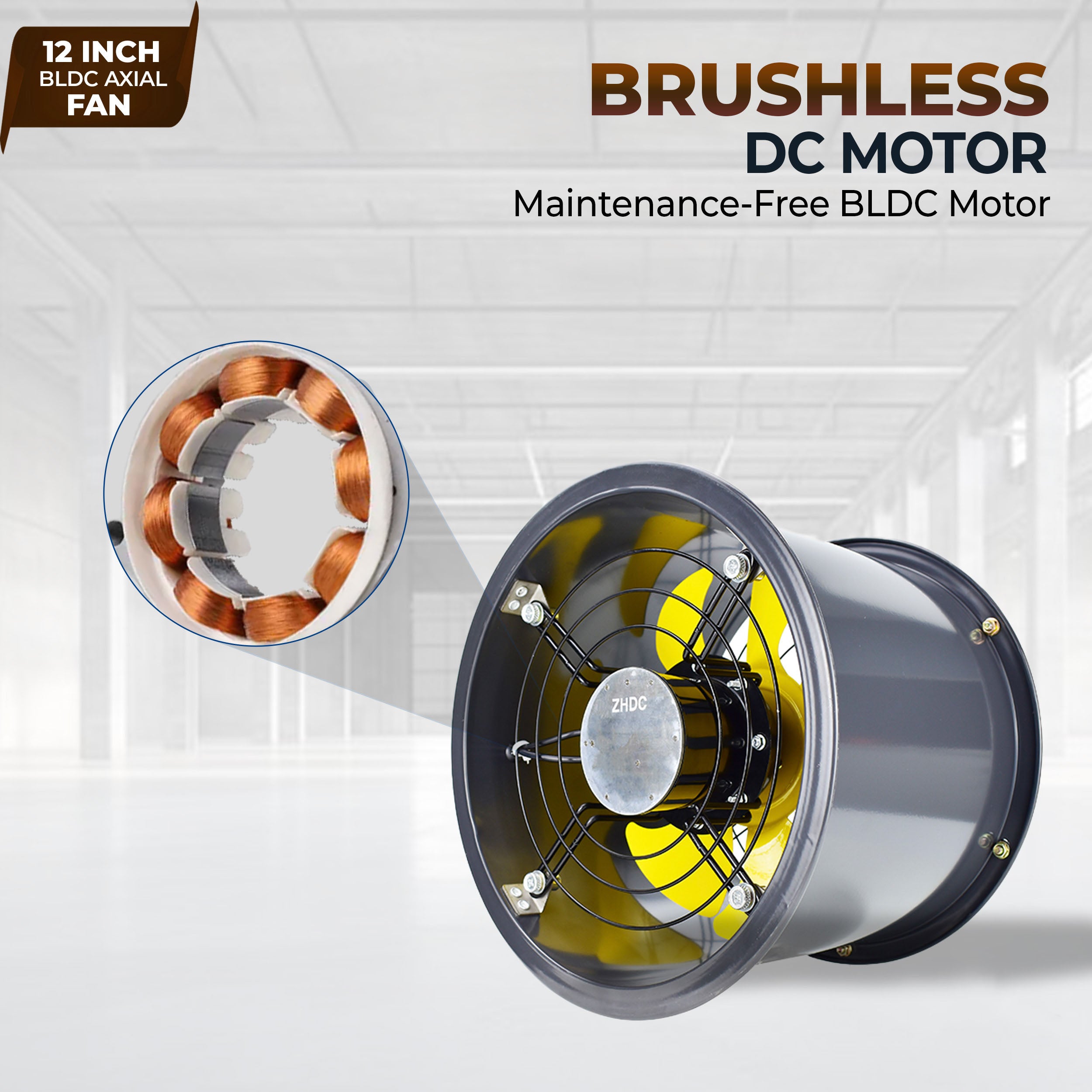 12-Inch Commercial BLDC Axial Fan | Stepless Speed Control | Aluminium Alloy Blade | Low Noise | 700–2800 m³/h Air Volume | 40–80% Energy Saving | Maintenance-Free BLDC Motor | 2-Year Warranty