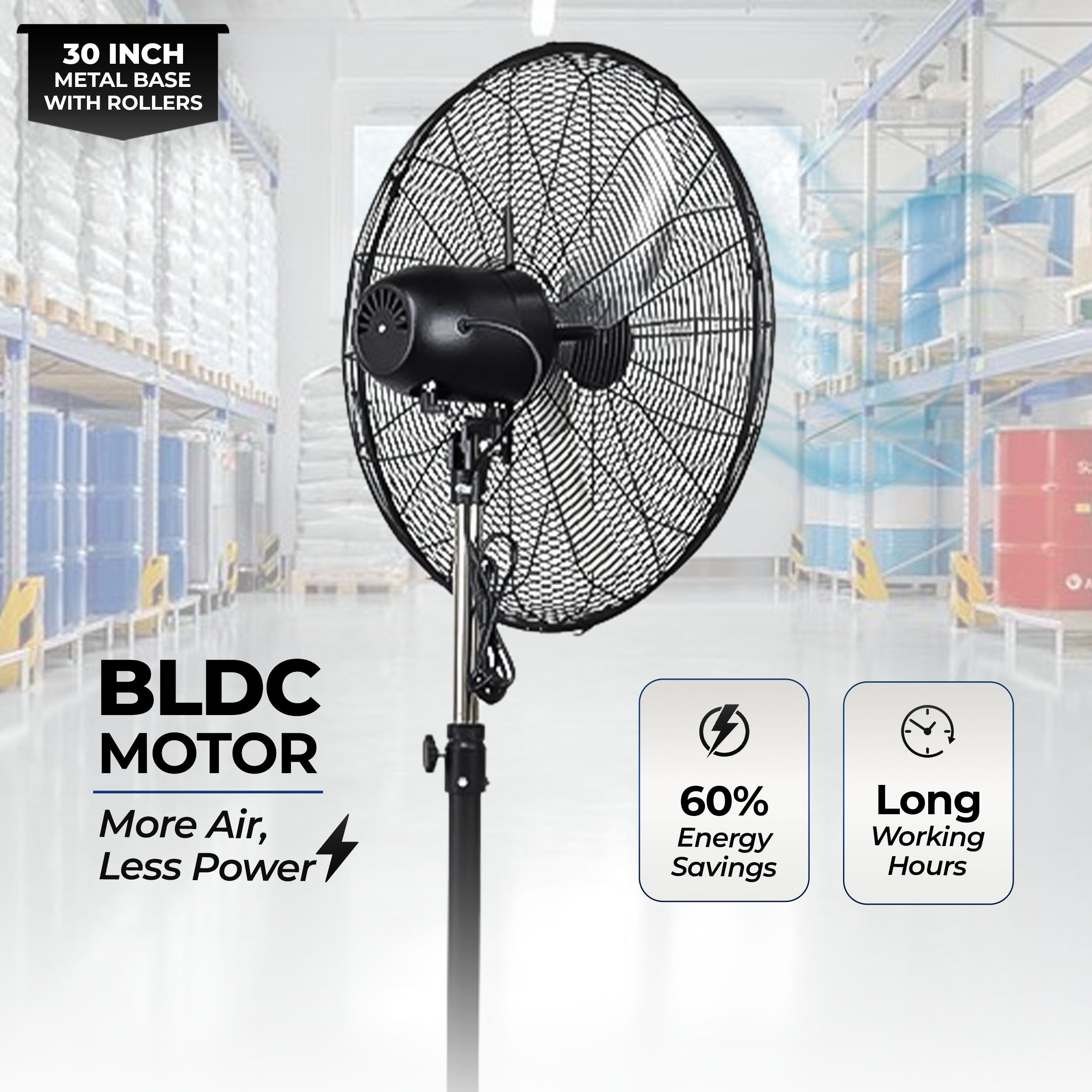 HAVAI 30-Inch Commercial BLDC Pedestal Fan (30–135W) | 2mm Aluminium Blades | Heavy-Duty Metal Base with 4 Lockable Industrial Wheels | High Air Delivery | Fingerproof Safety | 2-Year On-Site Warranty