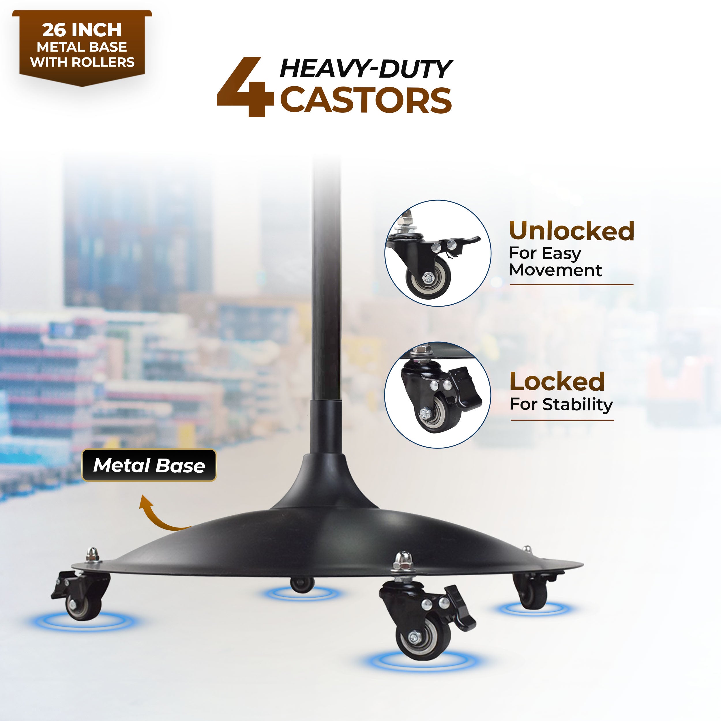 HAVAI 26-Inch Commercial BLDC Pedestal Fan (30–130W) | 2mm Aluminium Blades | Heavy-Duty Metal Base with 4 Lockable Industrial Wheels | Fingerproof Grill | High Airflow | 2-Year On-Site Warranty