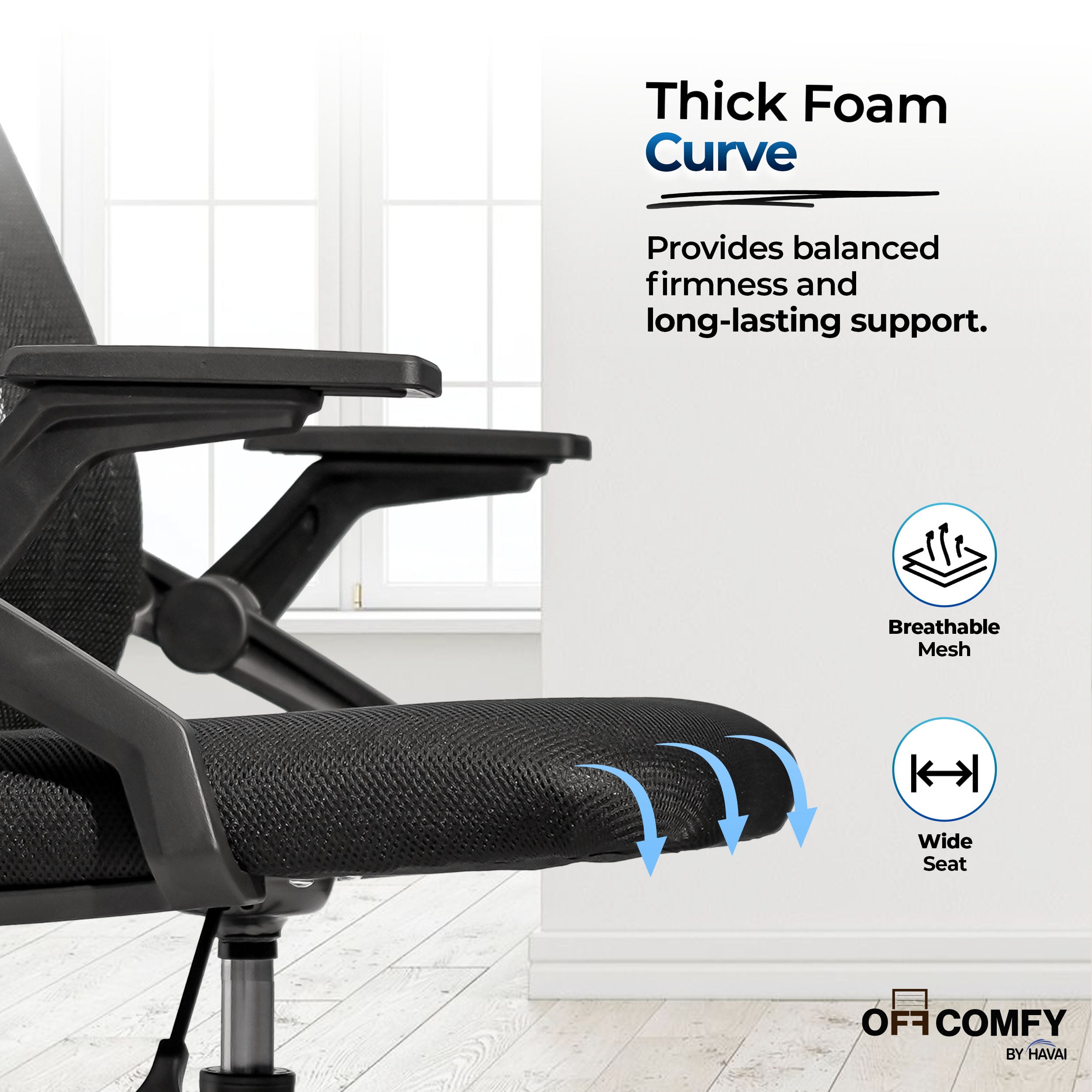 HAVAI Airon Ergonomic Office Chair with Mesh Back | Executive Computer Chair with Reclining & Folding Function | Nylon Armrests | Class 2 Gas Lift | Plywood Base Support | Grey Seat | WFH & Office Use | (Black)