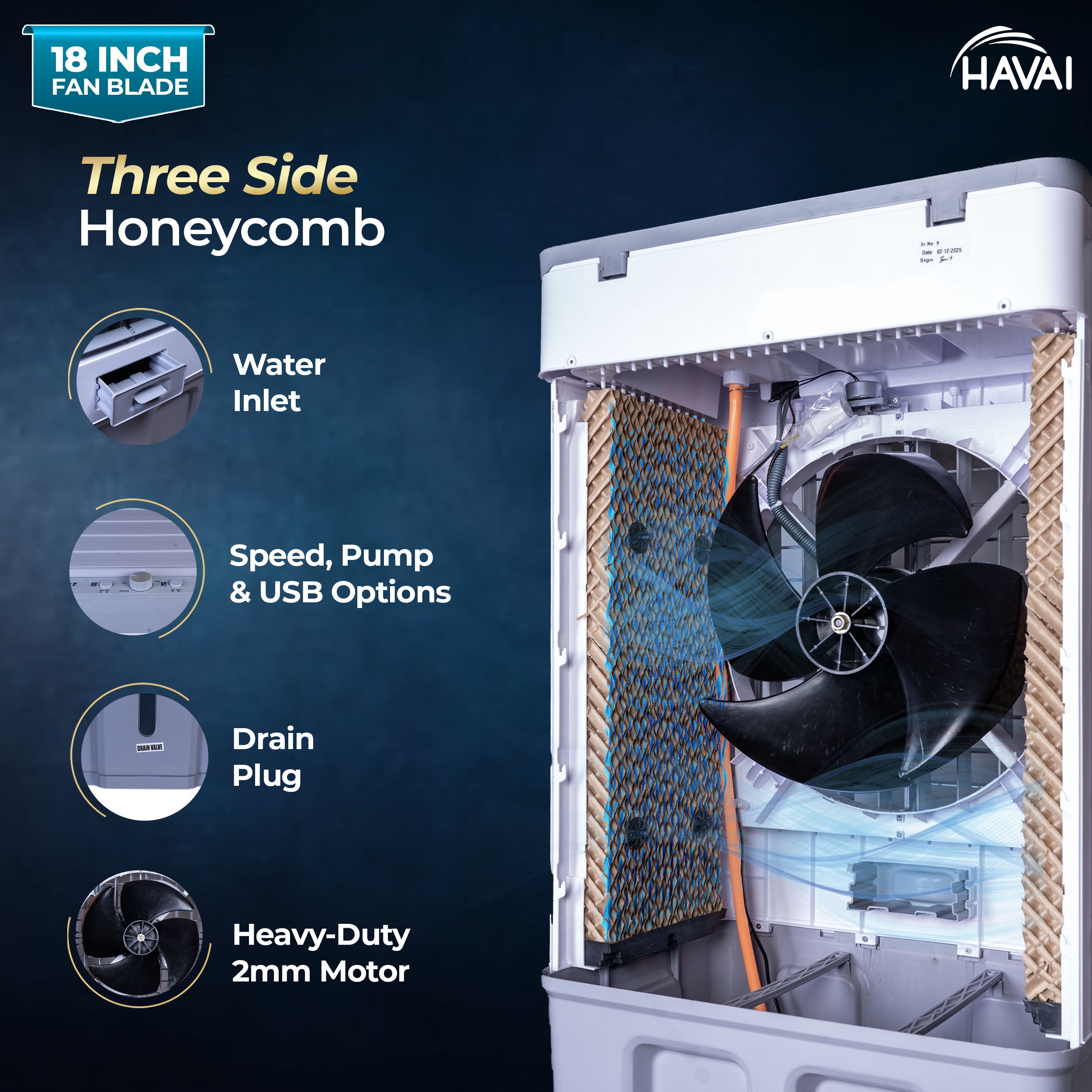 HAVAI Thunder 18 Desert Cooler | 18” Heavy-Duty Aluminium Fan Blade | 110 Dia 35mm Powerful Motor | Auto Swing | 3-Side Honeycomb Pads | 20 Ft Air Throw | 100L Tank | 1-Year Motor Warranty + Post-Warranty Support | White & Grey