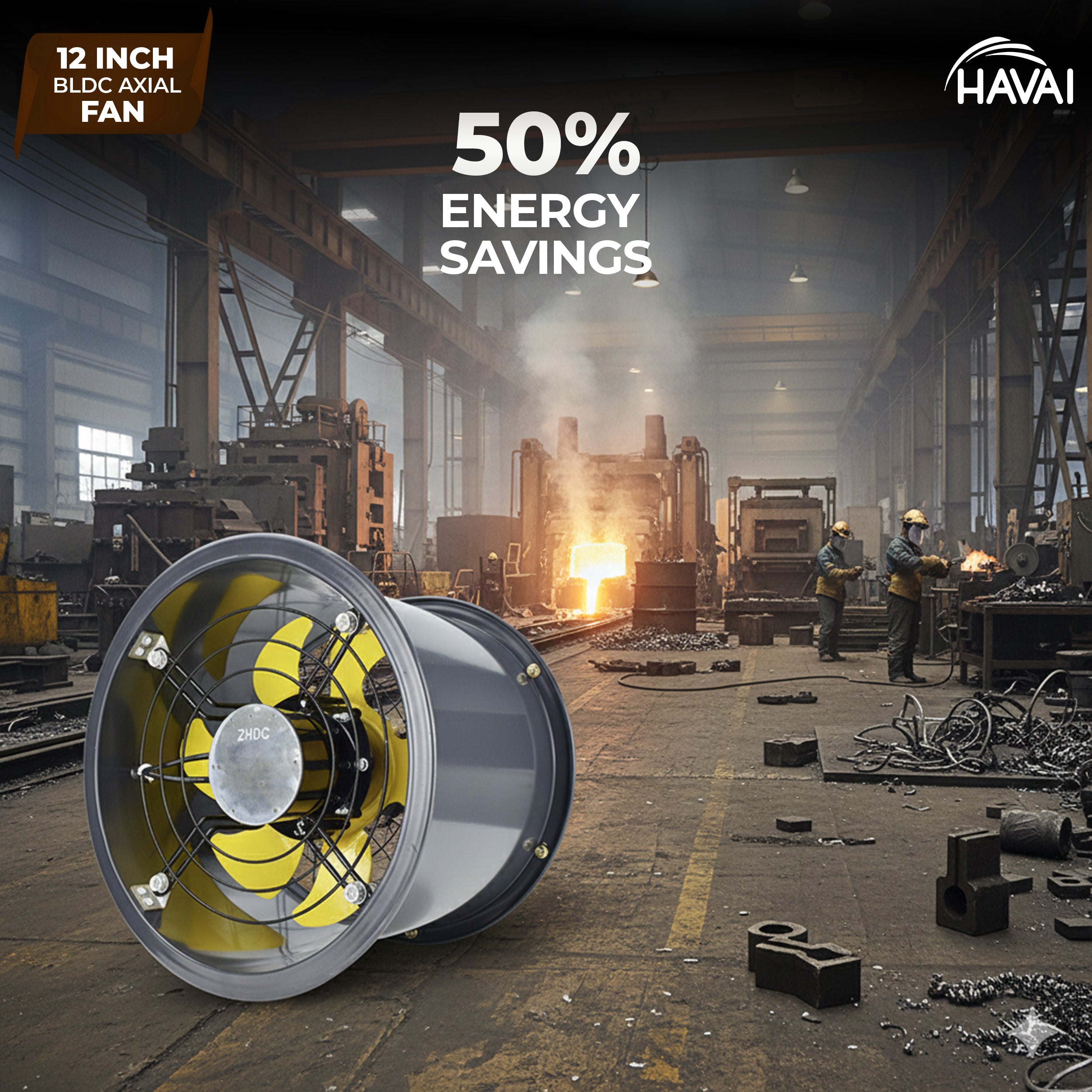 HAVAI 12-Inch Commercial BLDC Axial Fan | Stepless Speed Control | Aluminium Alloy Blade | Low Noise | 700–2800 m³/h Air Volume | 40–80% Energy Saving | Maintenance-Free BLDC Motor | 2-Year Warranty