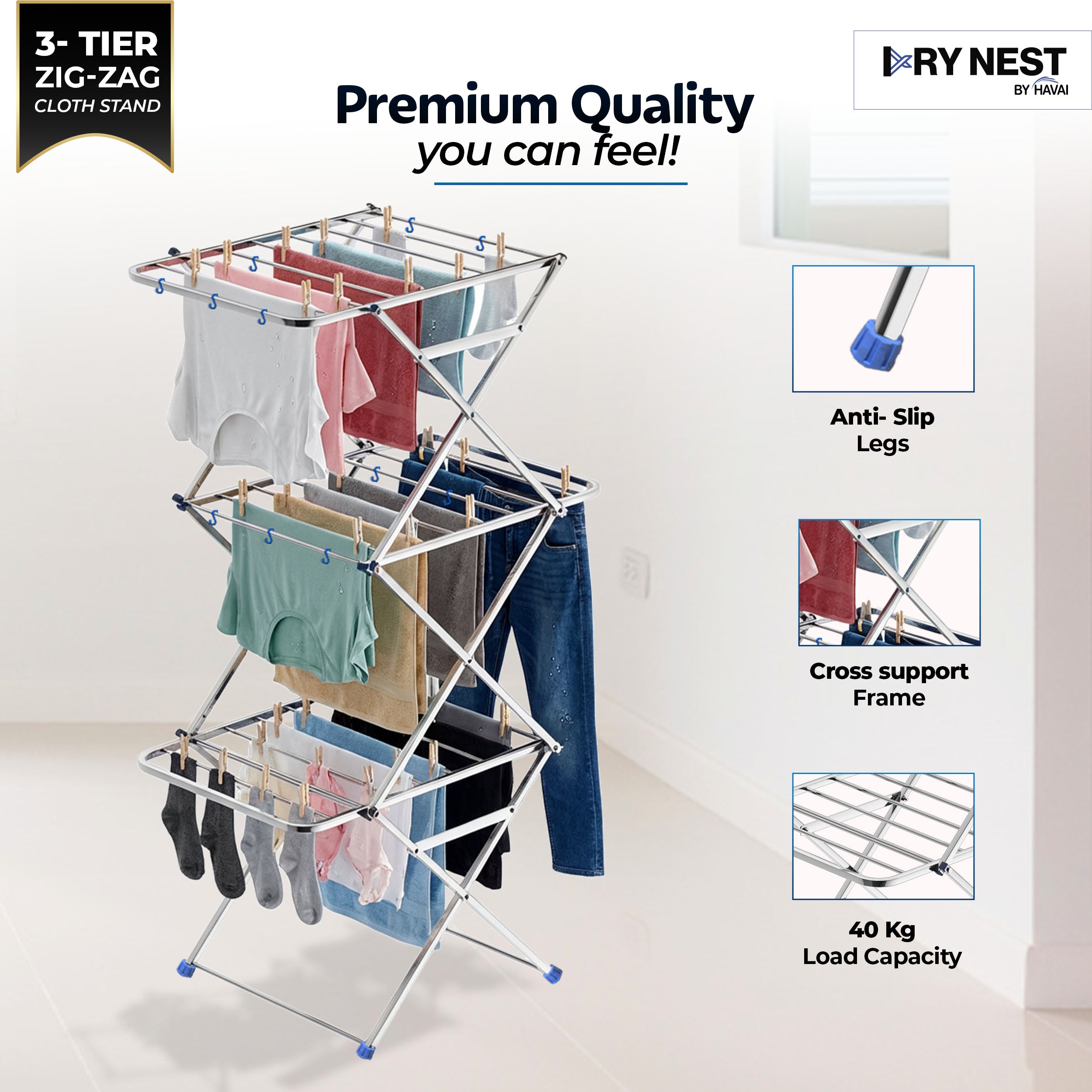 HAVAI DryNest 4.5 KG Heavy Duty Clothes Drying Stand | 40 KG Load Capacity | 3-Tier Zig-Zag Foldable Stainless Steel Airer | Rust Resistant Laundry Rack for Balcony, Indoor & Outdoor Use