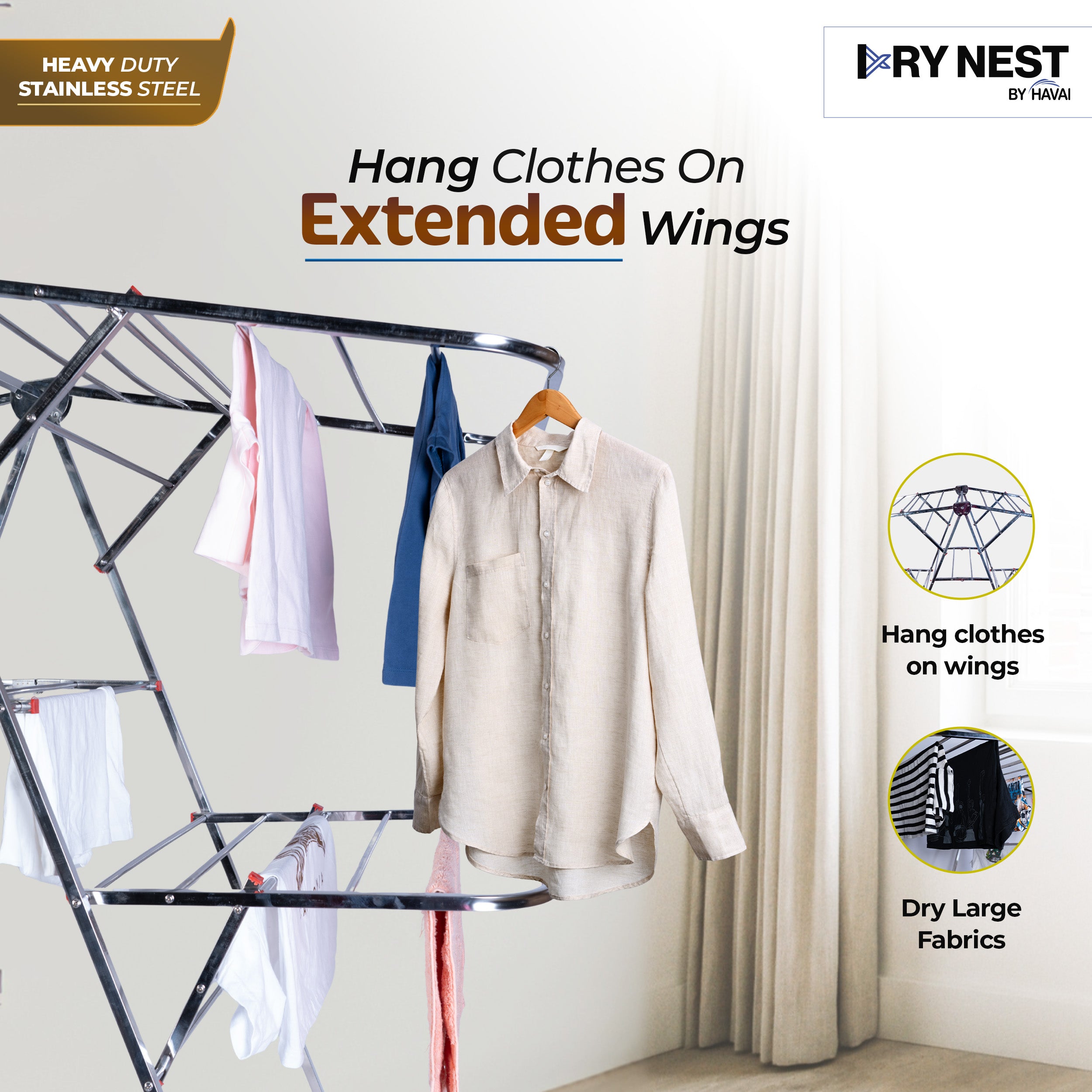DryNest By HAVAI – Foldable Cloth Drying Stand | Double Zig-Zag Stainless Steel Dryer Rack | Space-Saving Design for Balcony, Indoor & Outdoor Use