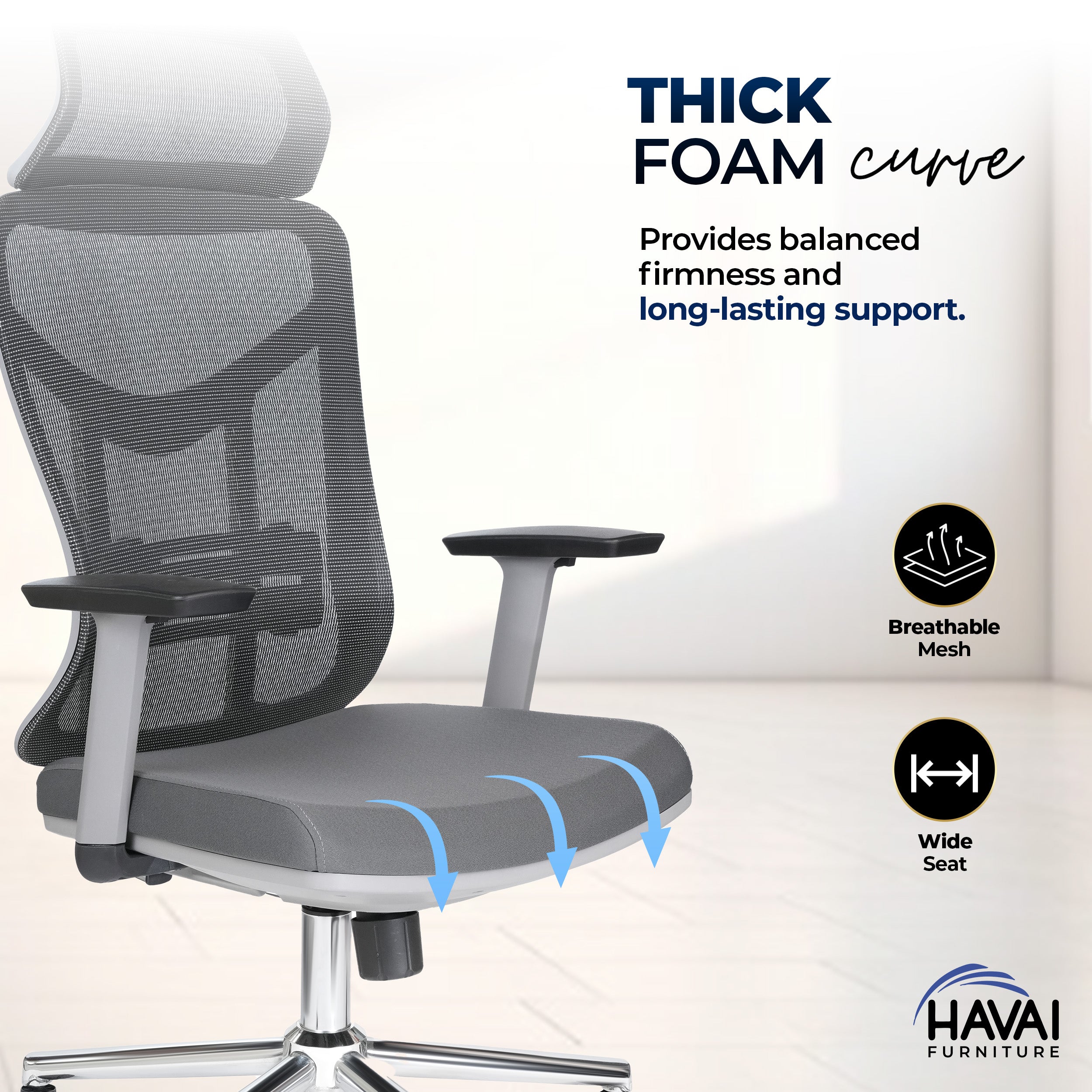 HAVAI Pulse High Back Ergonomic Mesh Office Chair | Multi-Lock Tilt Mechanism | Chrome Base| Breathable Mesh Back | Fixed Headrest (Grey)