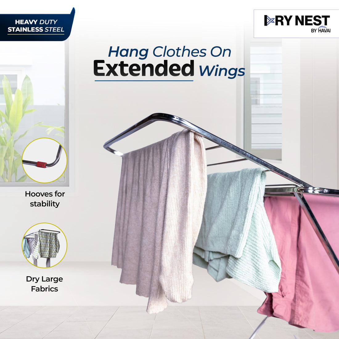 DryNest by HAVAI – 3.5 KG Premium Clothes Drying Stand | 3-Way Foldable Airer | 20 Rust-Free Steel Drying Rails | Heavy-Duty & Portable | 1-Year Warranty | Balcony & Indoor Friendly