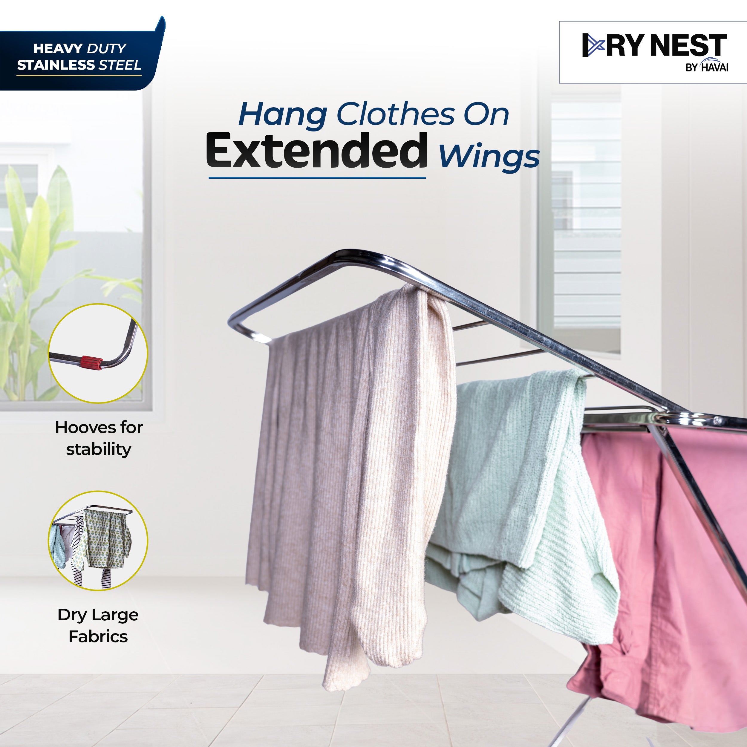 DryNest by HAVAI – 3.5 KG Premium Clothes Drying Stand | 3-Way Foldable Airer | 20 Rust-Free Steel Drying Rails | Heavy-Duty & Portable | 1-Year Warranty | Balcony & Indoor Friendly