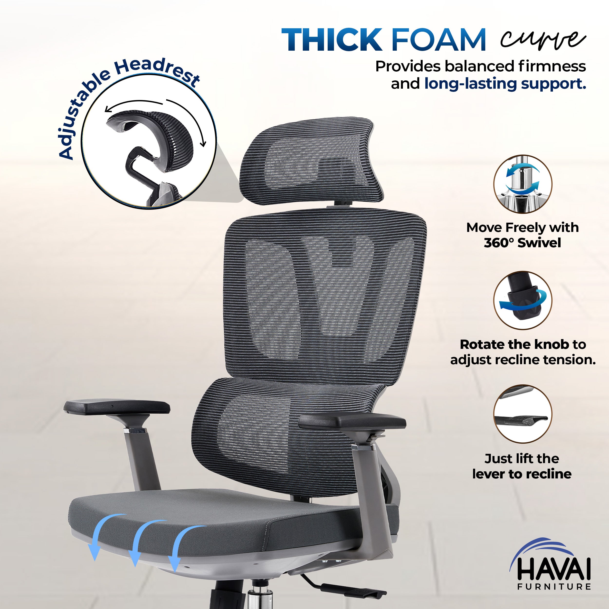 HAVAI Neo High Back Ergonomic Mesh Office Chair | Multi-Lock Mechanism | Chrome Base | 3D Armrests with PU Pads | Adjustable Headrest | Breathable Mesh Back (Grey)