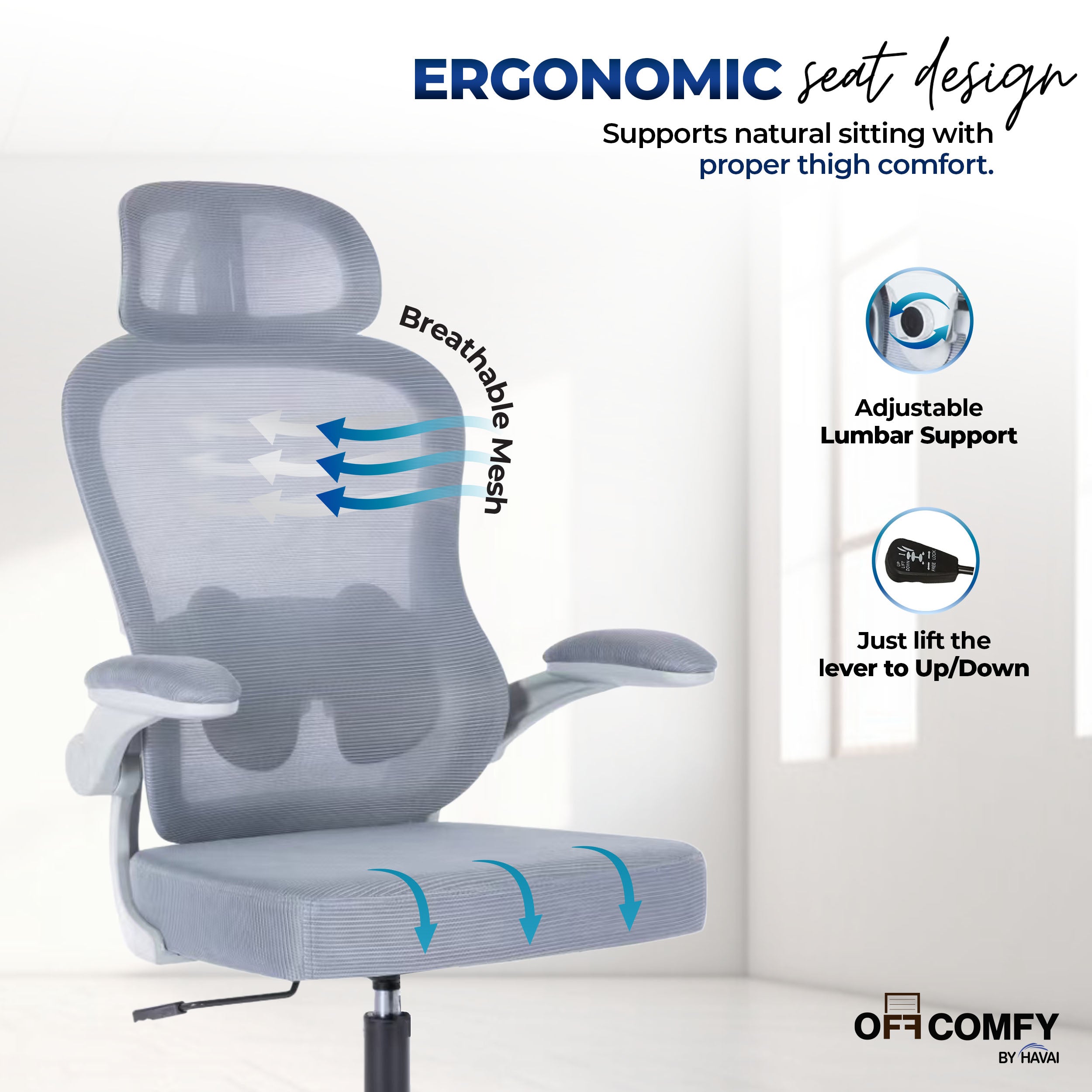 HAVAI LUMA GREY Ergonomic Mesh Office Chair | Mid Back | Breathable Net Fabric | Height Adjustable | Class 2 Gas Lift | Nylon Base | Smooth Wheels | WFH & Office