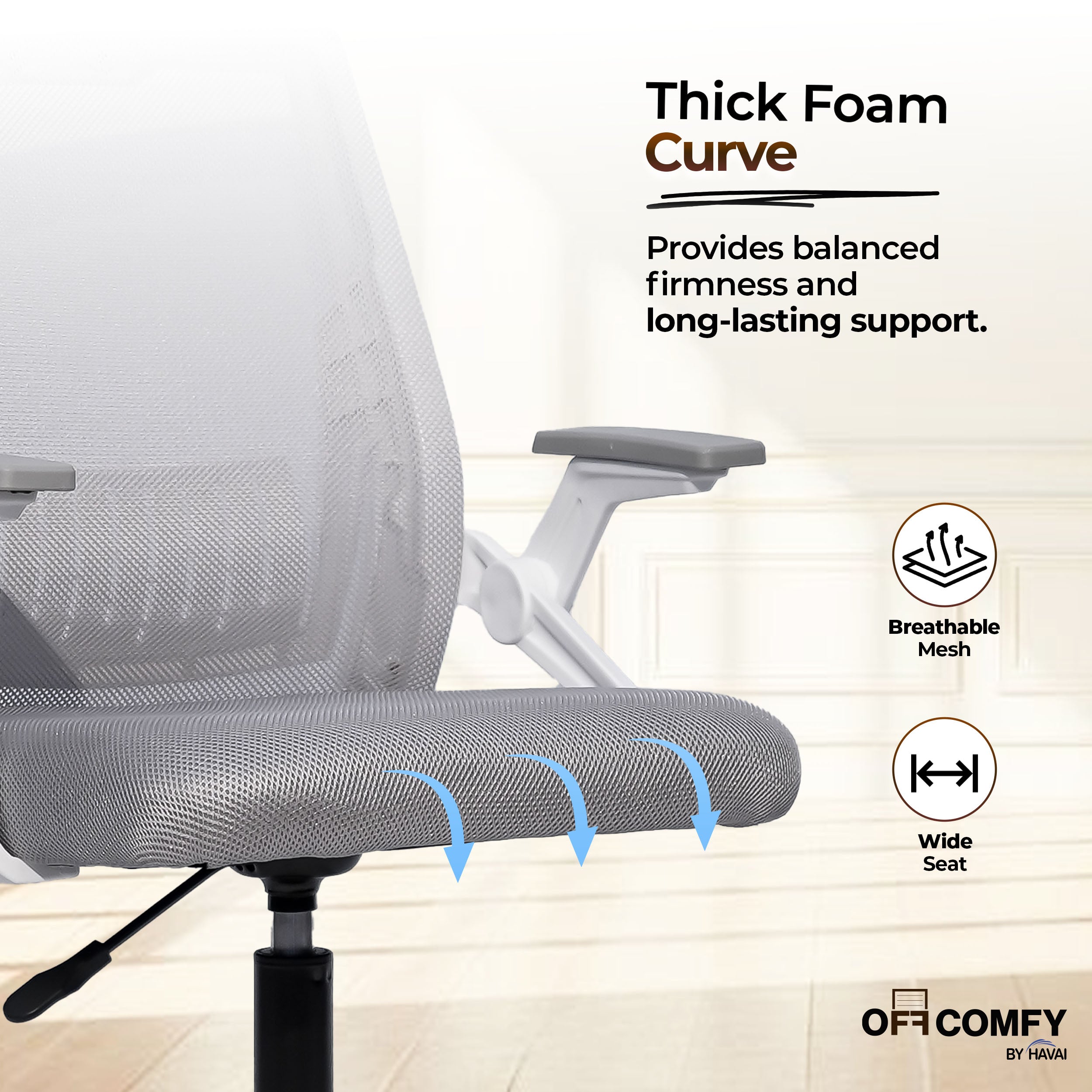 HAVAI Airon Ergonomic Office Chair with Mesh Back | Executive Computer Chair with Reclining & Folding Function | Nylon Armrests | Class 2 Gas Lift | Plywood Base Support | Grey Seat | WFH & Office Use | (Grey)