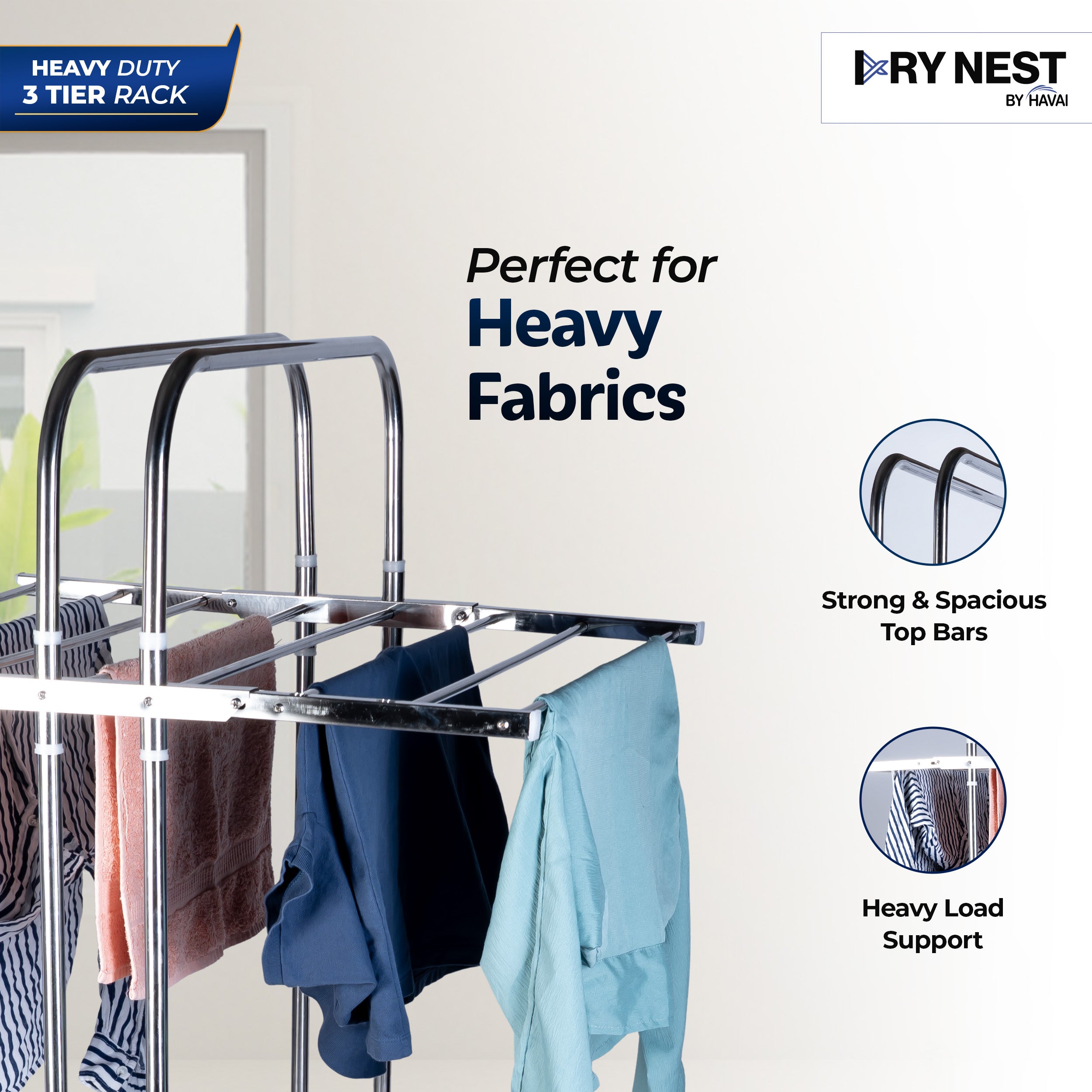 DryNest By HAVAI – Heavy Duty 3-Tier Foldable Cloth Drying Stand | Stainless Steel Rack for Indoor & Outdoor Use | Portable Clothes Stand for Balcony & Home Drying