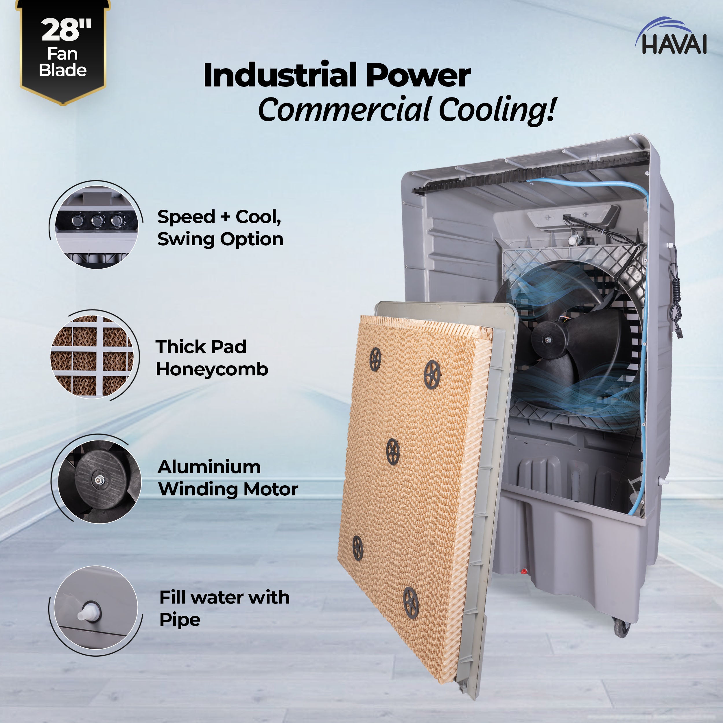 HAVAI Arizona 28 Industrial & Commercial Air Cooler | 28-Inch Engineered 3-Leaf Blade | 10,000 m³/hr Air Delivery | 150L Tank | 500W Motor | 40 Ft Air Throw | Covers 700 Sq. Ft. | Finger Pull Drain Plug | 1-Year Warranty