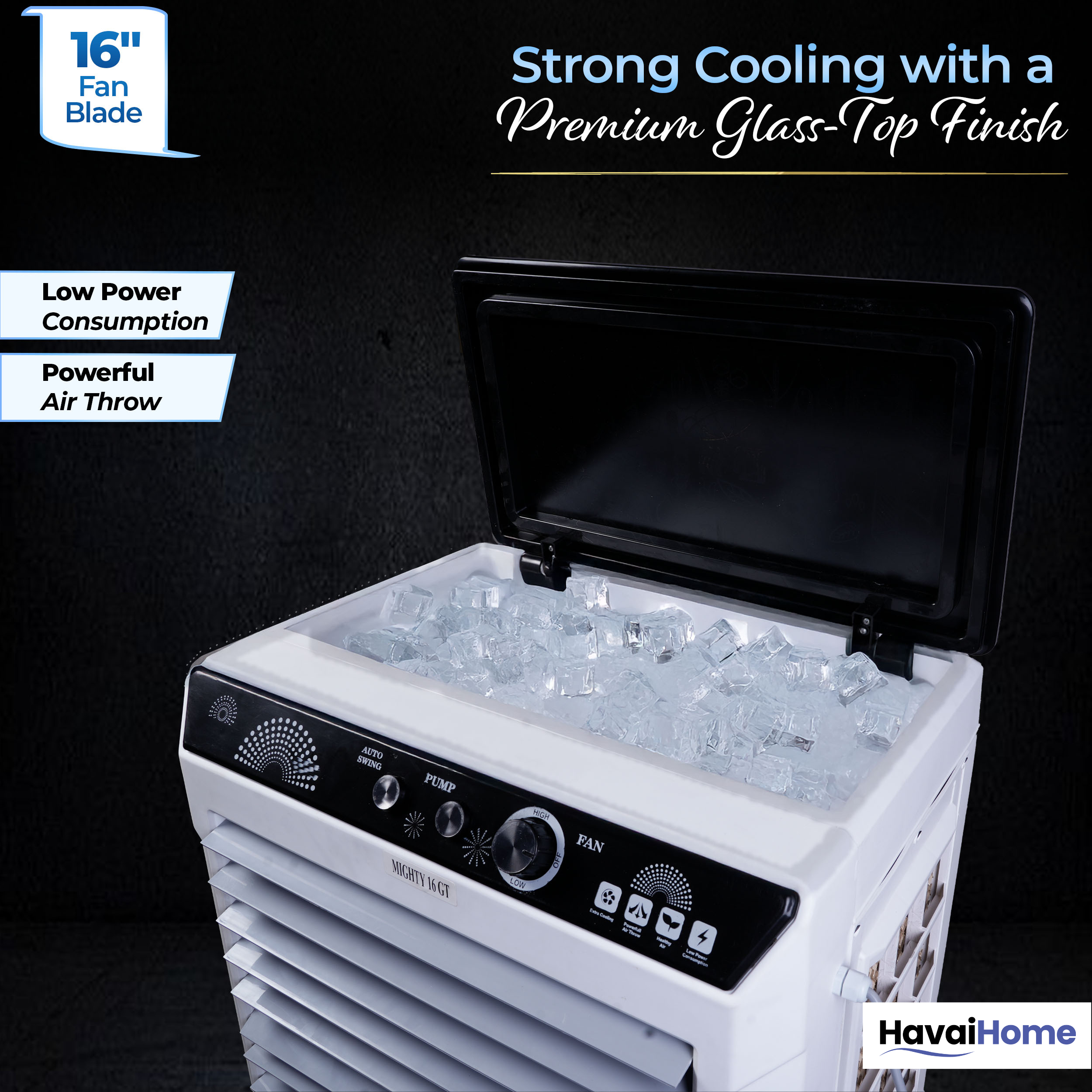 HAVAI Mighty 16 GT Glass Top Desert Air Cooler for Home & Commercial Use | 16 Inch Fan, 100L Tank, 5190 m³/hr Air Delivery | 350 Sq Ft Coverage | Honeycomb Pads, Aluminium Motor, Low Noise | White & Grey