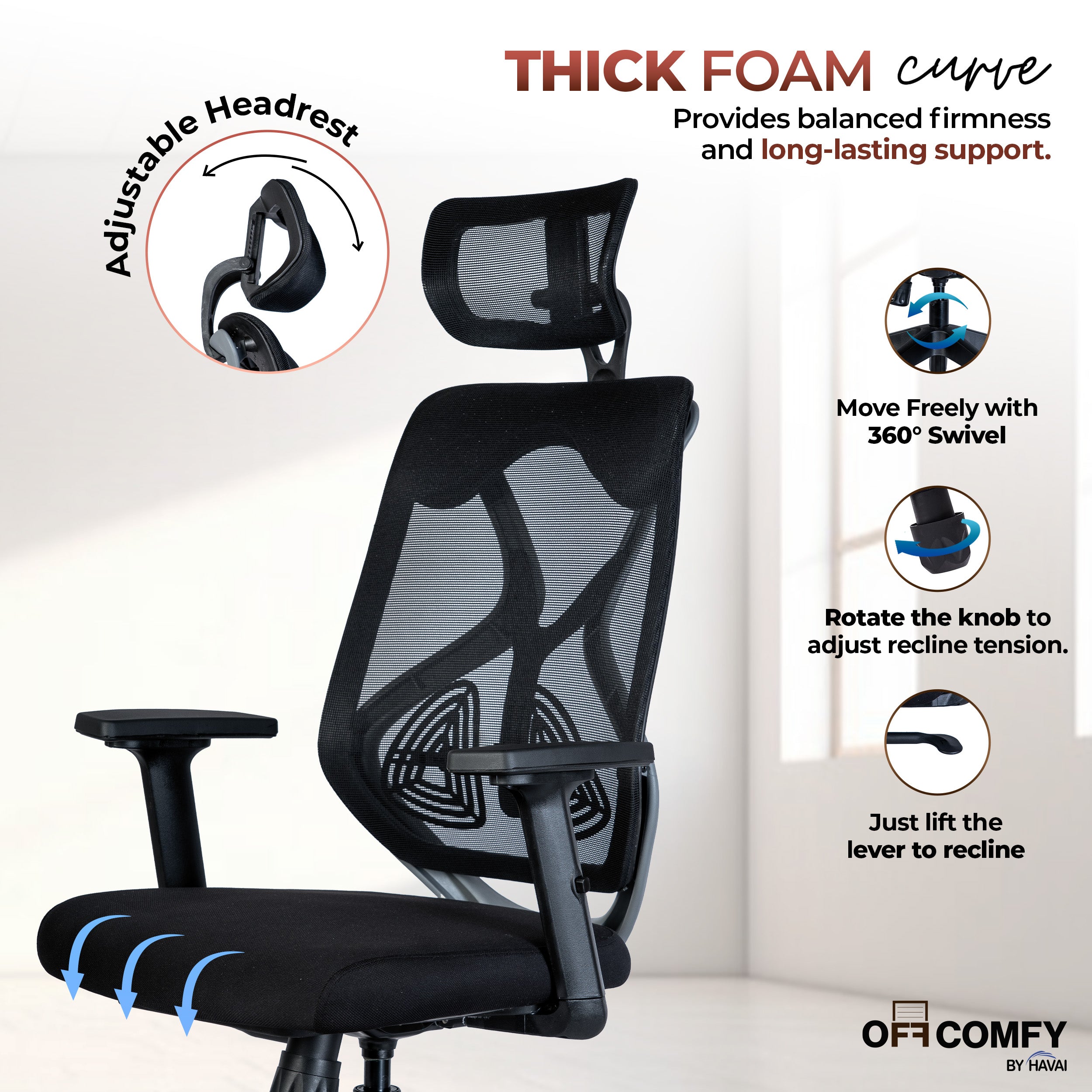 Off Comfy by HAVAI - Titan Lite Black Chair | Korean Mesh | 2D Arms | Lumbar | Seat Slider | Gaslift | Chrome Base | 60mm Castors