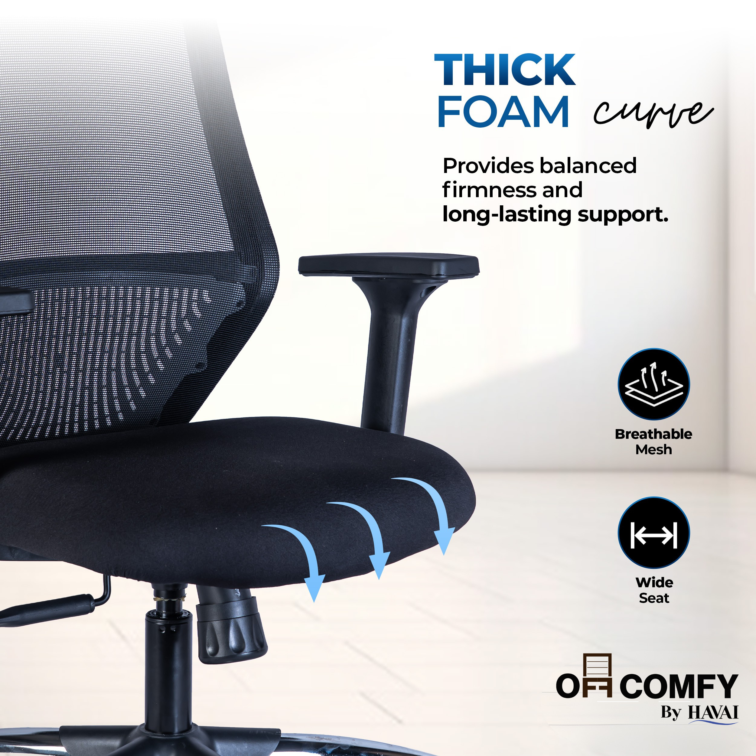 HAVAI Off-Comfy Luna Black Ergonomic Office Chair | Yuva Mesh Back | 2D Arms with TPU Pad | Synchro Tilt with Lock | Class 4 Samhongsa Gaslift | Claw Chrome Base | 60mm Castors(Black)