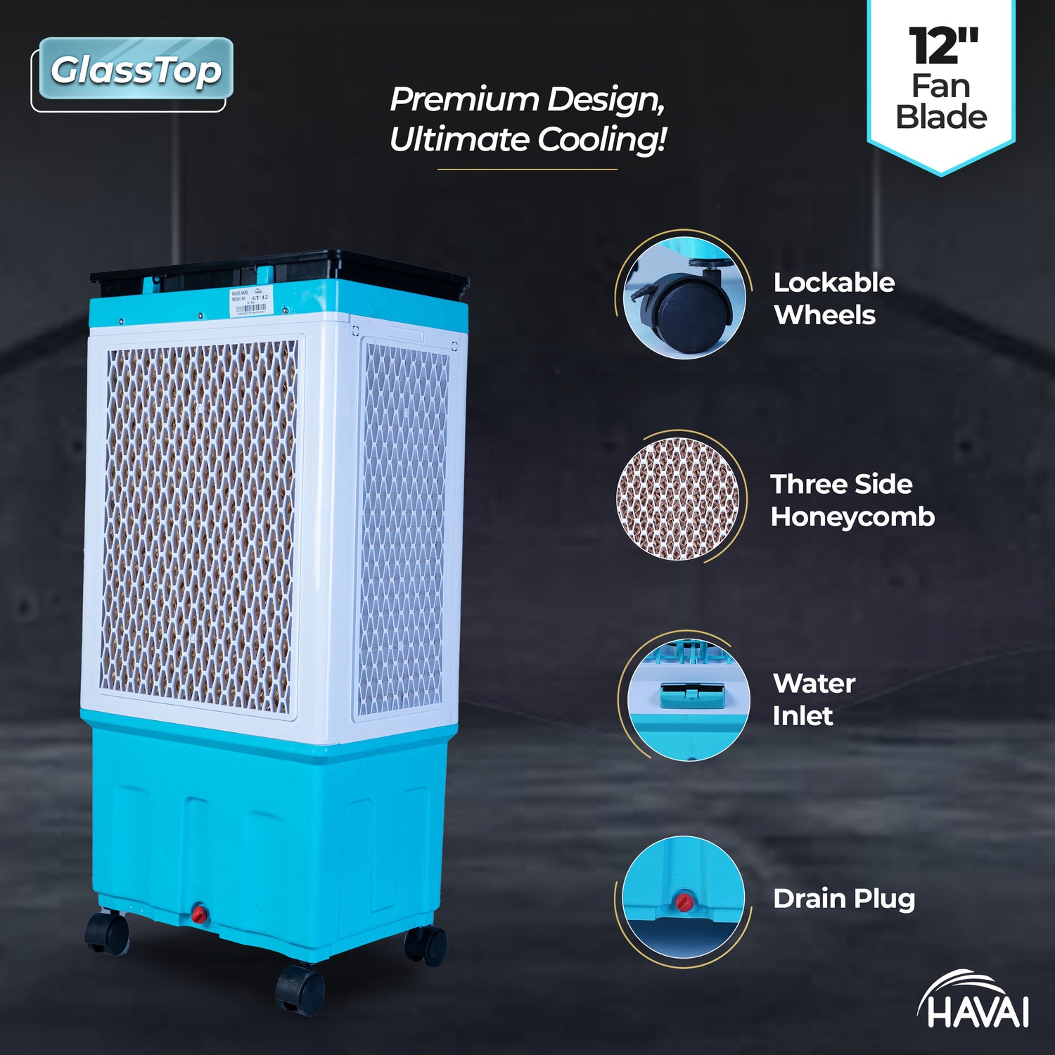 HAVAI Premium Glass Top GT 12 | 12" Fan Blade | 40 Litre Tank Capacity | 160W Power | 15ft Air Throw | 3-Side Honeycomb Cooling | Sleek Glass Top Design | 4 Castor Wheels (BLUE)