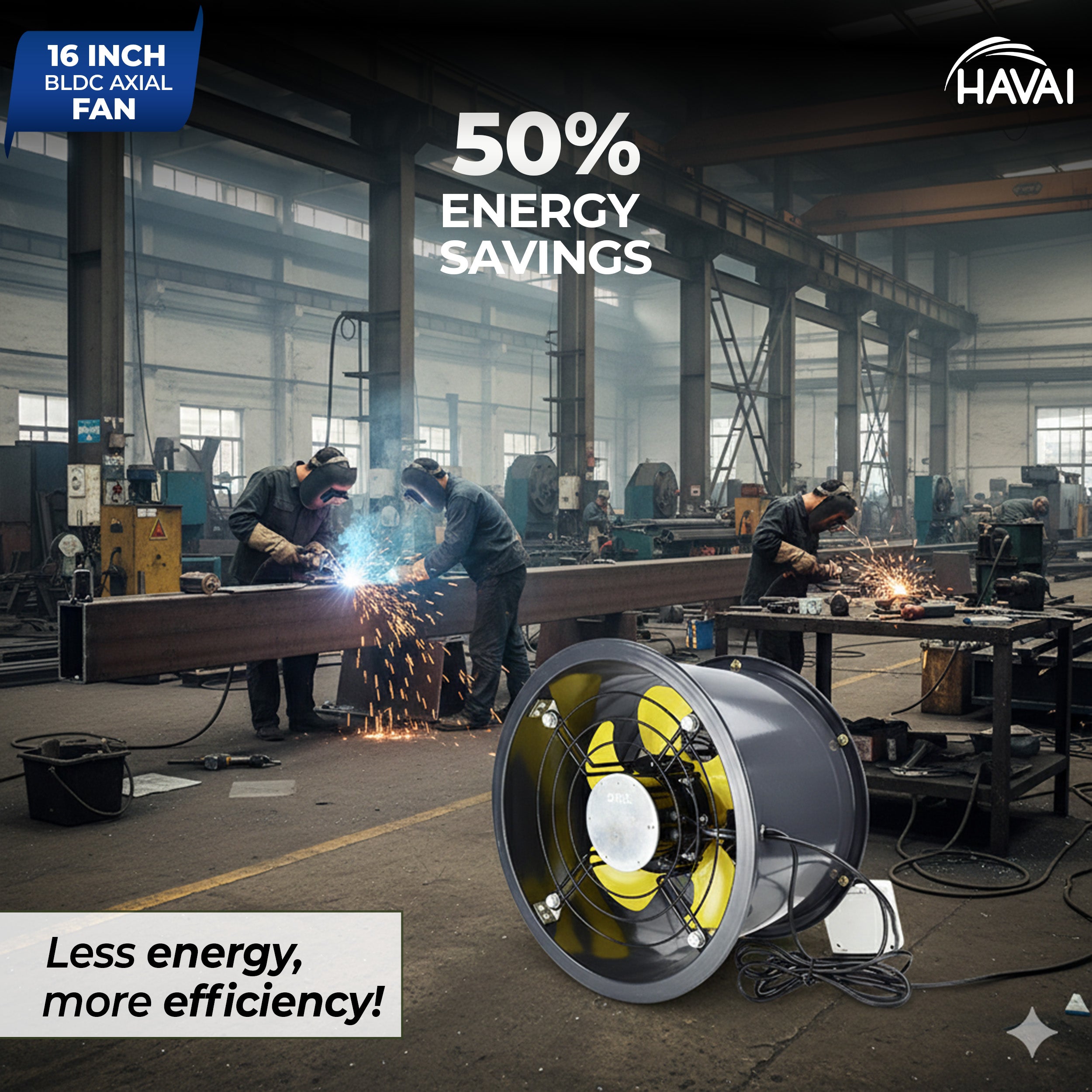 HAVAI 16-Inch Commercial BLDC Axial Fan | Stepless Speed Control | Low Noise | Aluminium Blade | 2000–6000 m³/h Air Volume | 40–80% Energy Saving | No Winding Burnouts | 2-Year BLDC Motor Warranty