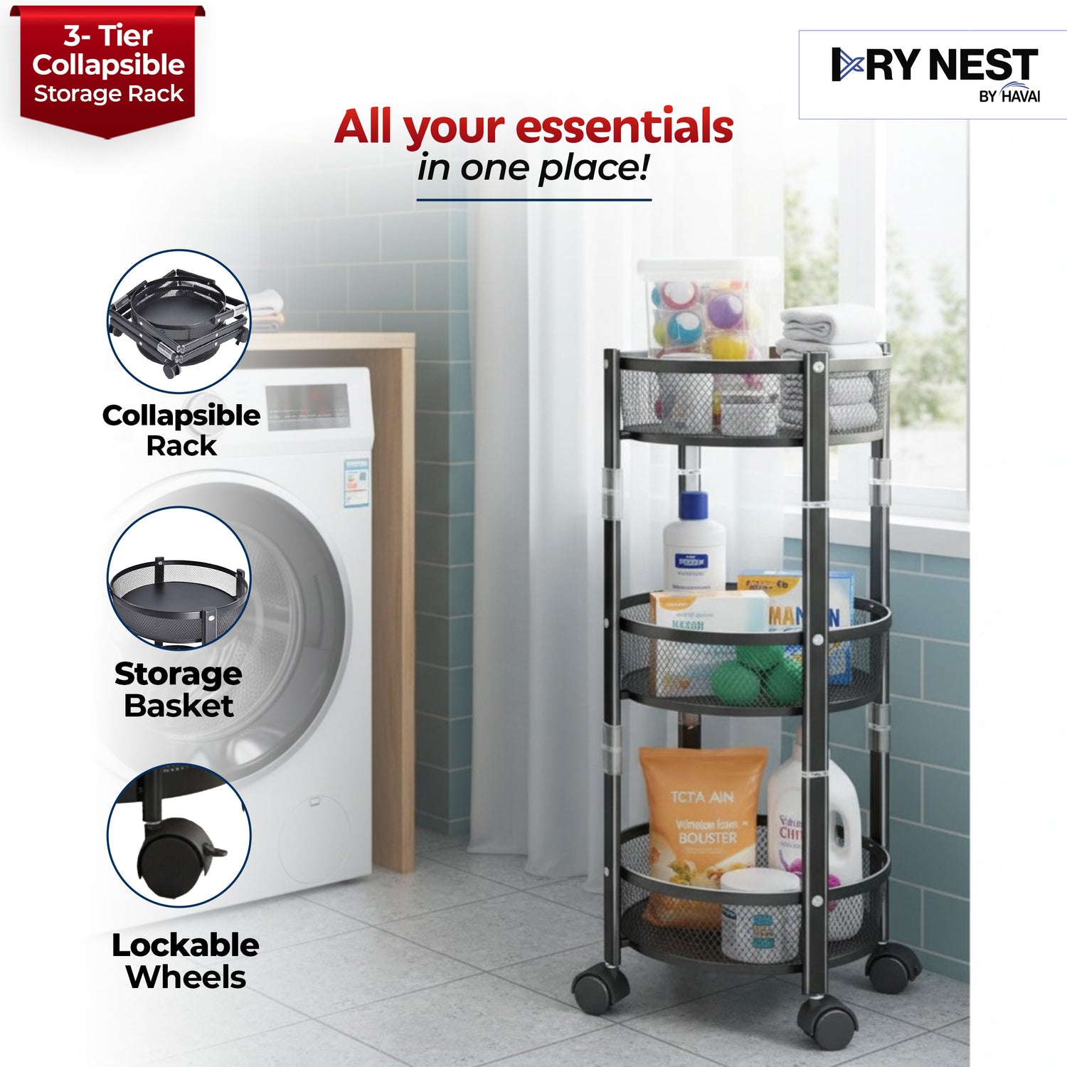 HAVAI 3 Tier Collapsible Storage Rack Trolley | Portable Mesh Basket Organizer with Wheels | Foldable Kitchen, Bathroom & Bedroom Utility Cart for Home – Black