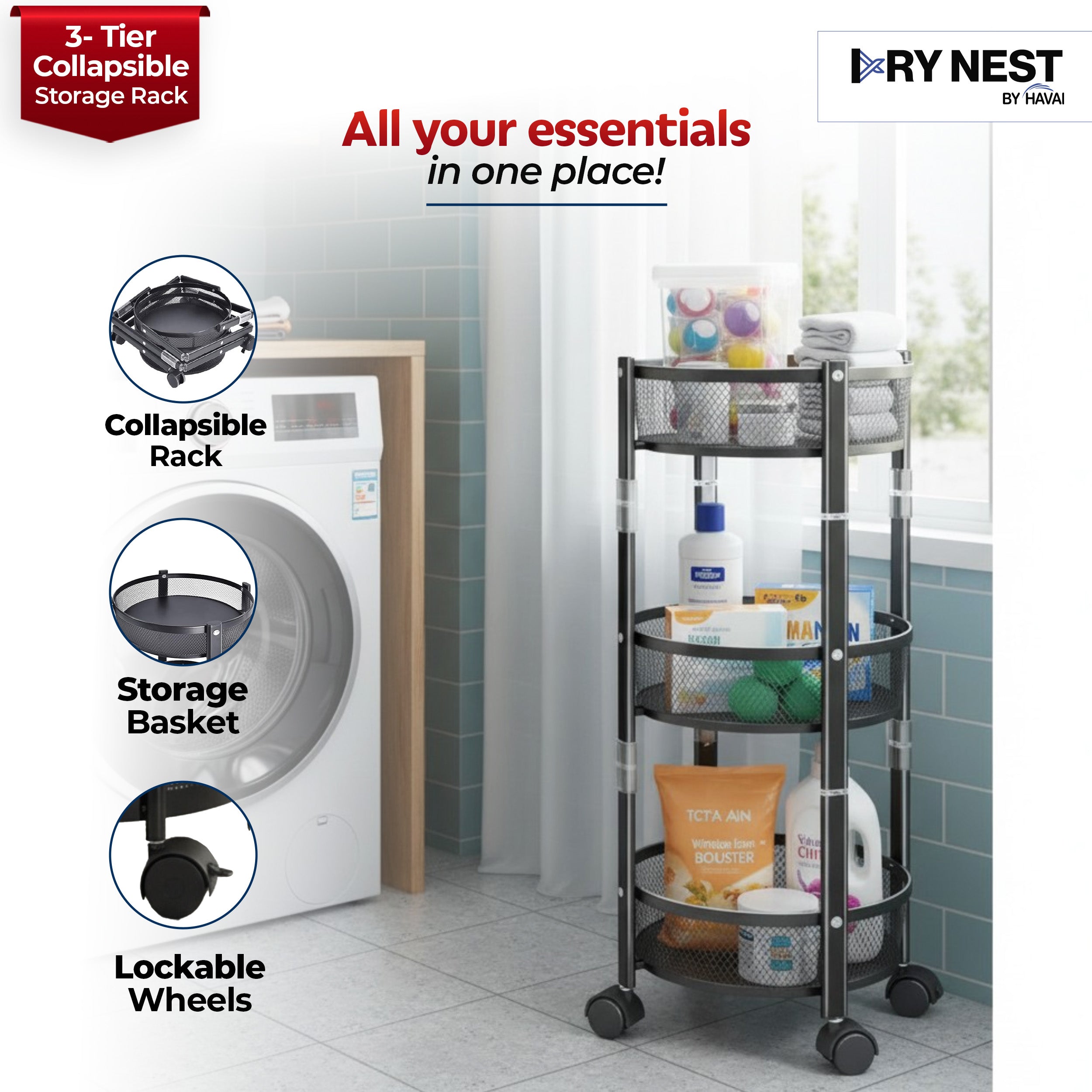 HAVAI 3 Tier Collapsible Storage Rack Trolley | Portable Mesh Basket Organizer with Wheels | Foldable Kitchen, Bathroom & Bedroom Utility Cart for Home – Black