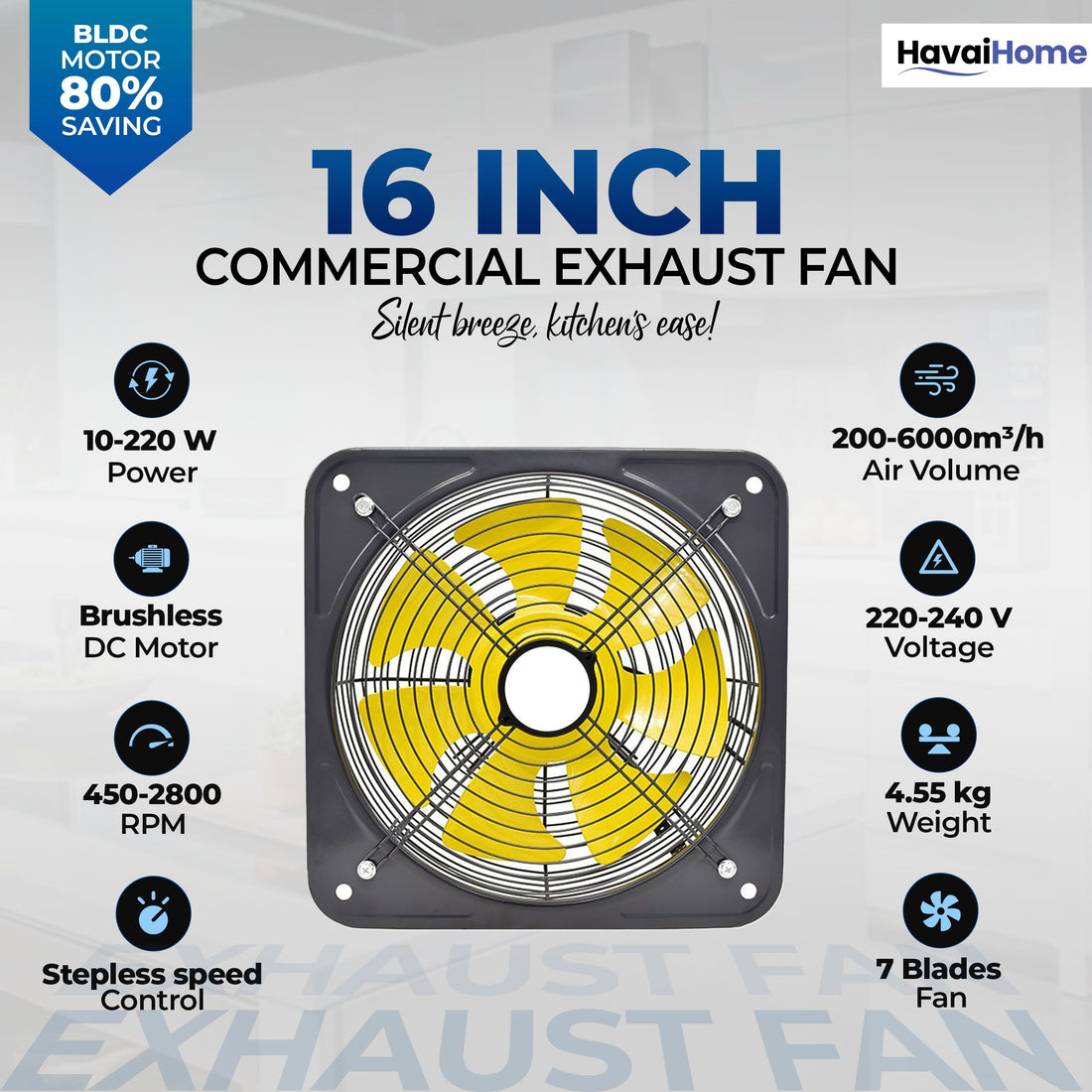 BLDC Exhaust Fan | Power : 10W - 220W | Speed: 450-2800 RPM | Air Volume: 200-6000 m³/h | 1-Year Warranty | Stepless Speed Control | Metal Frame Included | Soundless (16-Inch Blade)