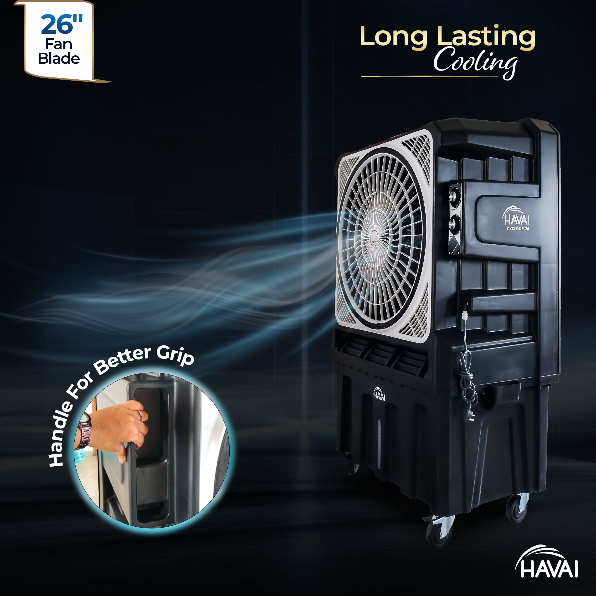 HAVAI Cyclone 26 Desert Air Cooler | 26" Fan Blade | 200L Tank Capacity | 440W High-Performance Cooling | 750 Sq. Ft. Coverage | Auto Swing | Three Side Honeycomb Pads | Lockable Wheels | Black