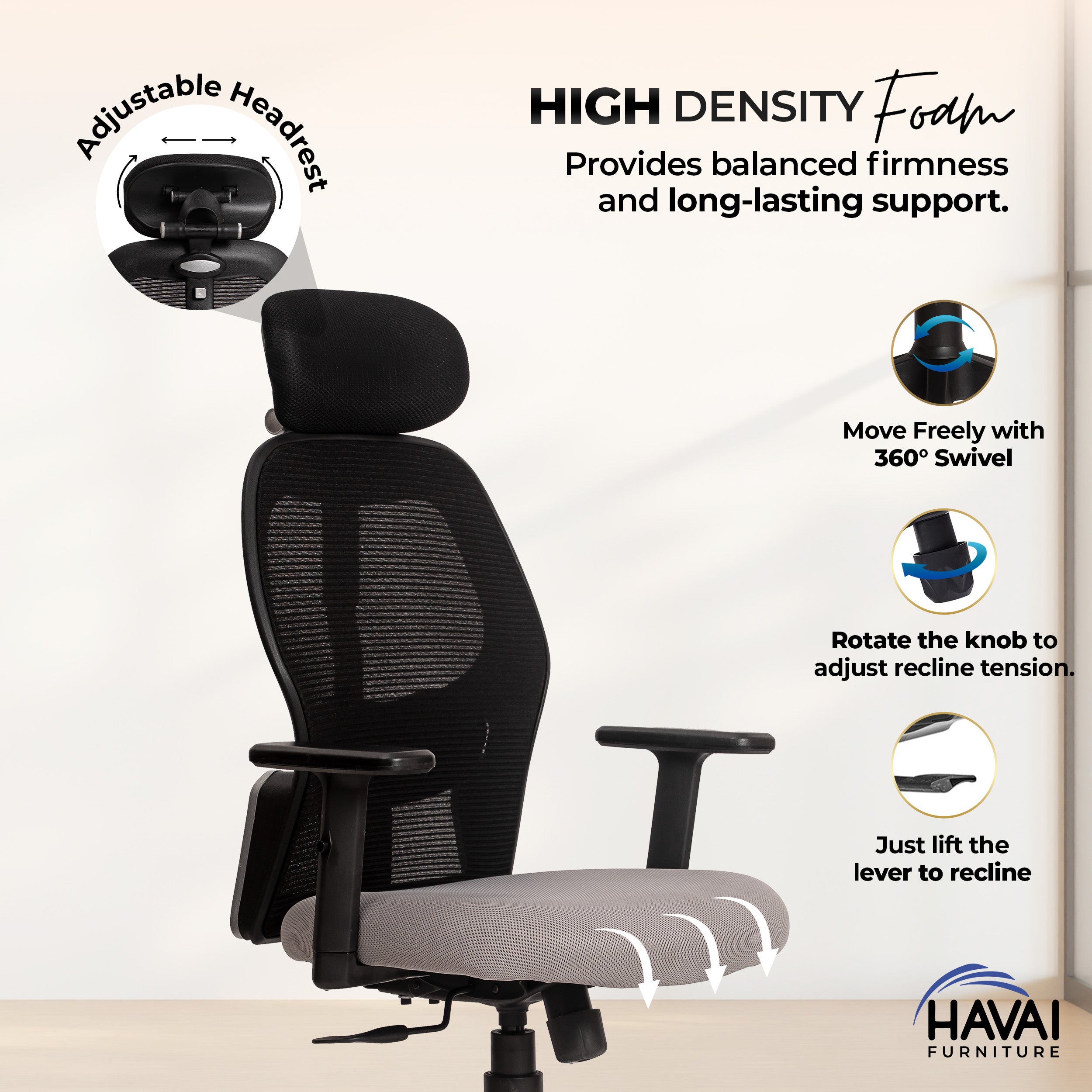 HAVAI Tauras Lean Back High Back Mesh Ergonomic Office Chair | Single Lock Synchro Tilt | Nylon Base | Class 4 Gaslift | 1D Adjustable Armrests | 50mm Casters | Premium Mesh Back & Fabric Seat