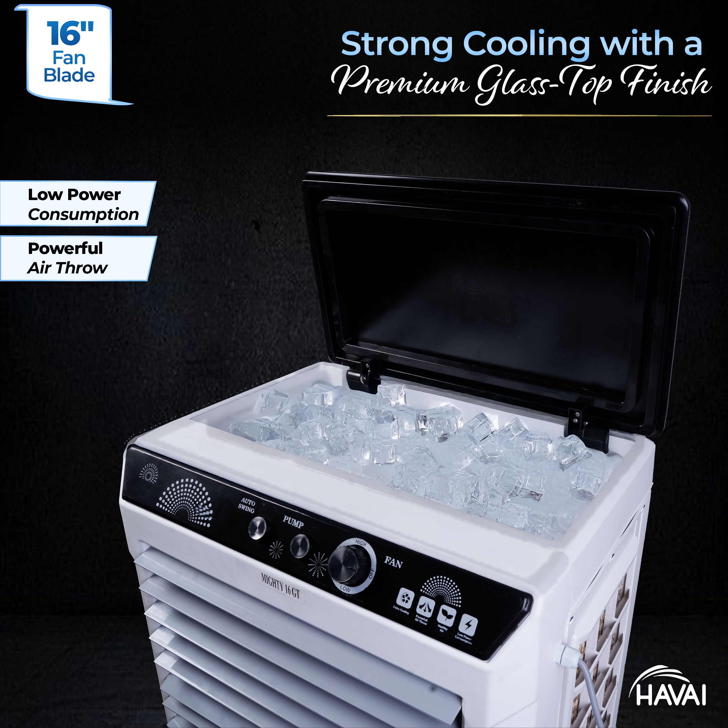 HAVAI Mighty 16 GT Glass Top Desert Air Cooler for Home & Commercial Use | 16 Inch Fan, 100L Tank, 5190 m³/hr Air Delivery | 350 Sq Ft Coverage | Honeycomb Pads, Aluminium Motor, Low Noise | White & Grey