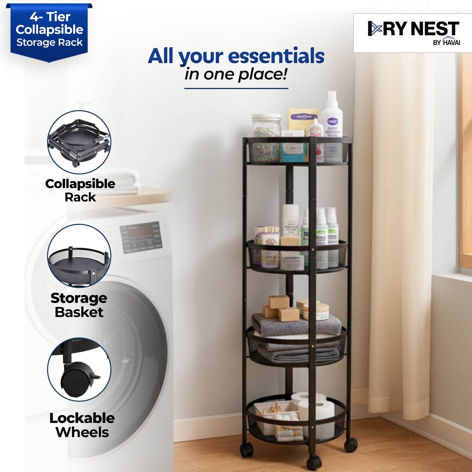 HAVAI 4 Tier Collapsible Storage Rack Trolley | Portable Mesh Basket Organizer with Wheels | Foldable Kitchen, Bathroom & Bedroom Utility Cart for Home – Black