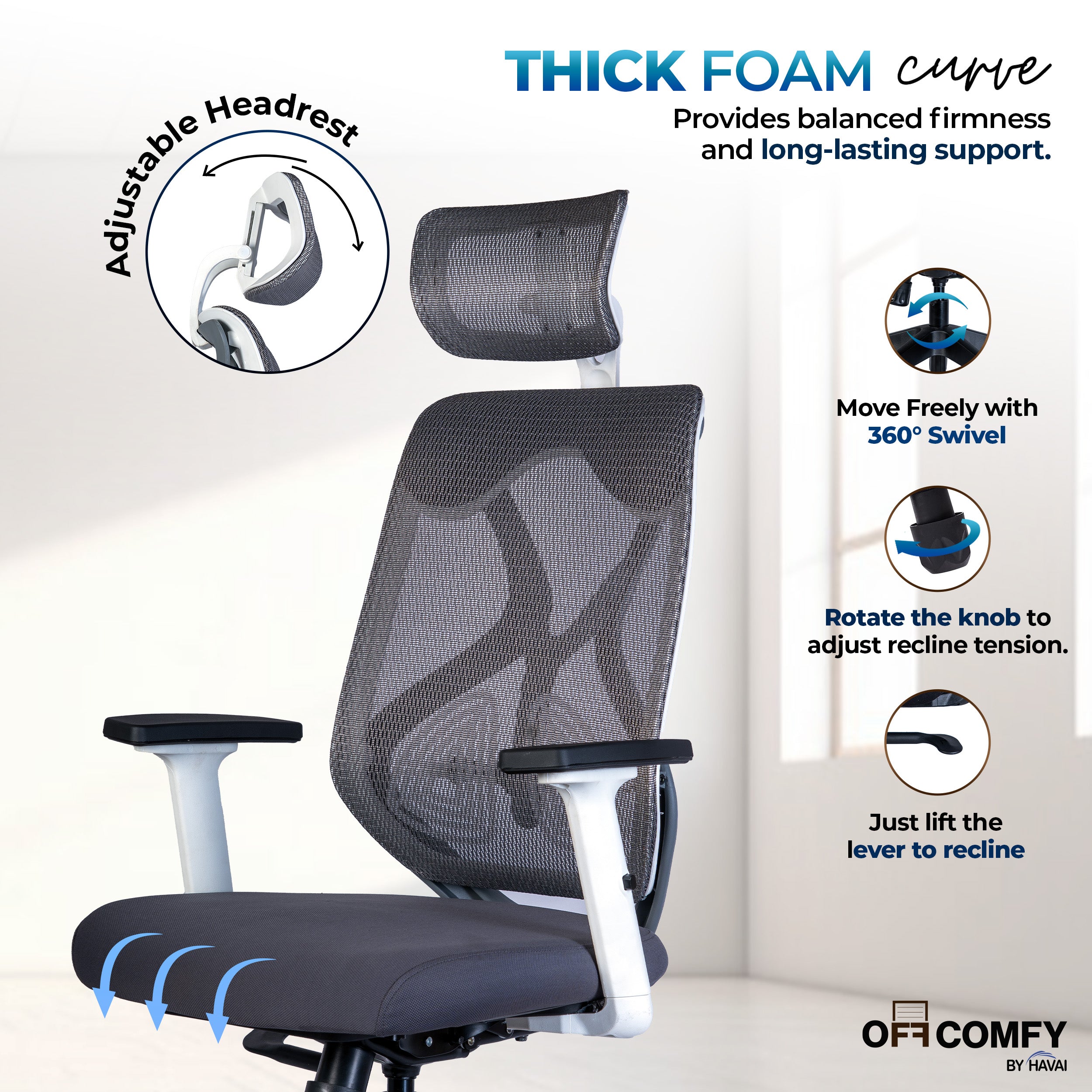Off Comfy by HAVAI - Titan Pro Grey Chair | Korean Mesh | Headrest | 2D Arms | Lumbar | Seat Slider | Gaslift | Chrome Base | 60mm Castors