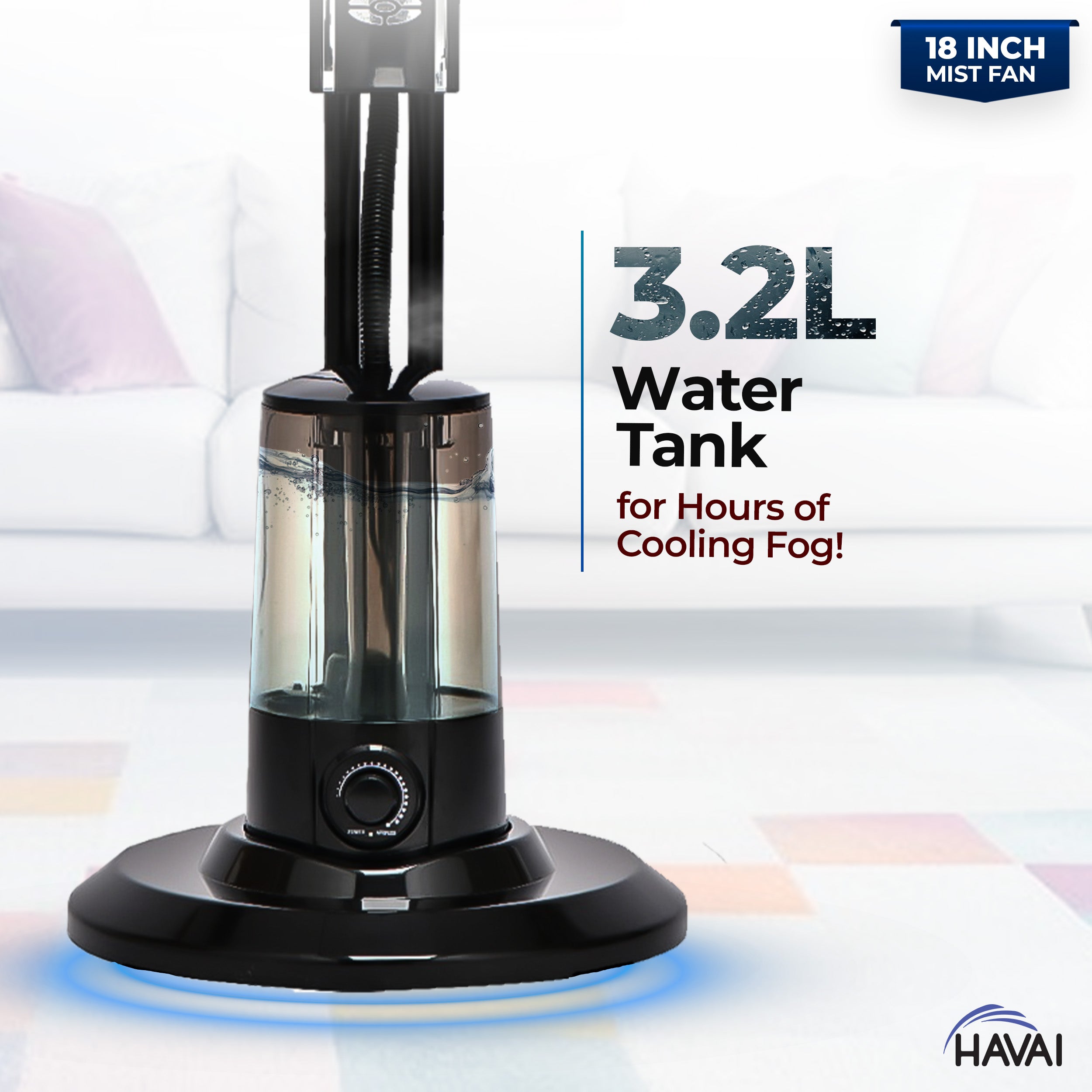HAVAI RED 18" BLDC Mist Pedestal Fan – High-Speed, Remote & Touch Control, 3.2L Tank, 80W Power, 350 Sq Ft Coverage, Easy Install, Black (Copy)