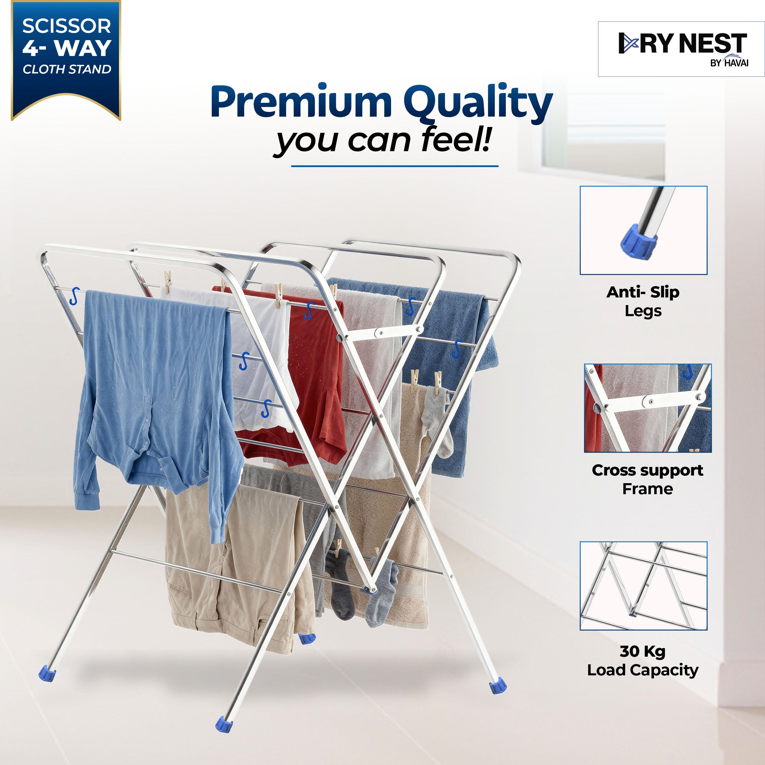 HAVAI DRY NEST 3kg Heavy Duty Premium Cloth Drying Stand | 4-Way Foldable Stainless Steel Clothes Dryer | 23 Rods with Hanger Hooks | 30kg Load Capacity | Strong & Stable | 2 Year Warranty