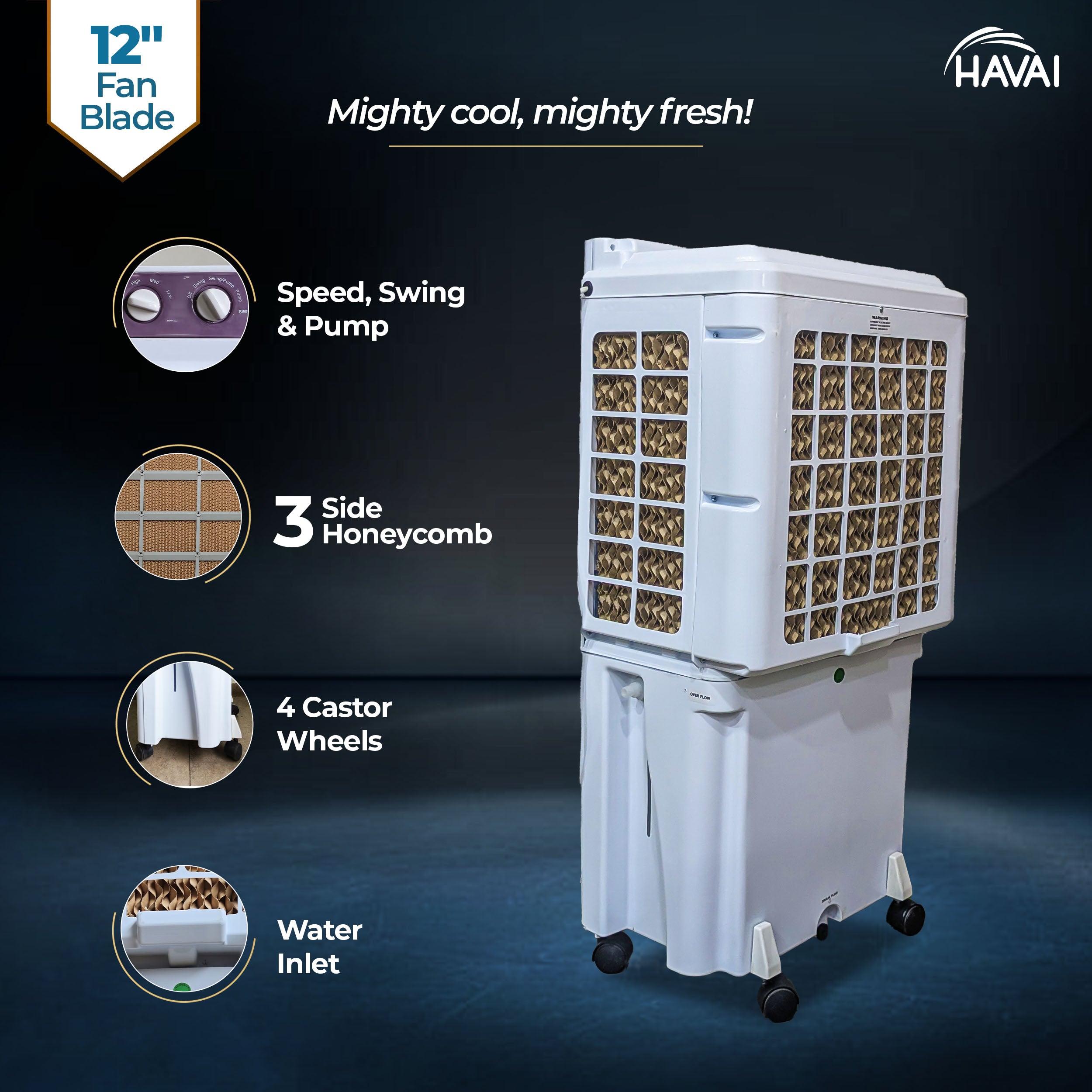 HAVAI Mighty 12+ | 12-Inch Personal Air Cooler | 36L Tank | 3-Side Honeycomb | Auto Swing | 3-Speed | 2400 RPM Motor | Vibrant Color | 200 Sq. Ft. Coverage