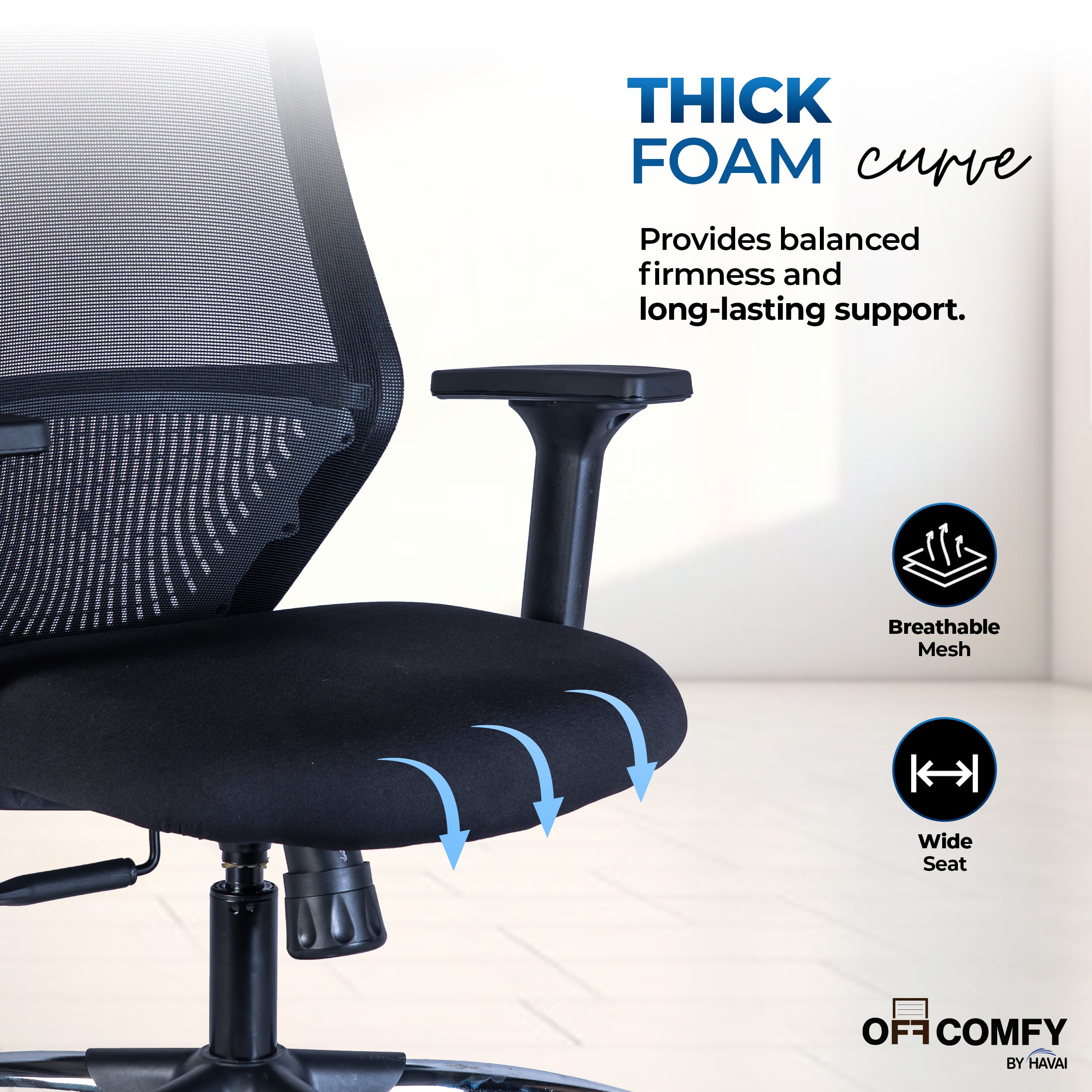 HAVAI Off-Comfy Luna Black Ergonomic Office Chair | Yuva Mesh Back | 2D Arms with TPU Pad | Synchro Tilt with Lock | Class 4 Samhongsa Gaslift | Claw Chrome Base | 60mm Castors(Black)