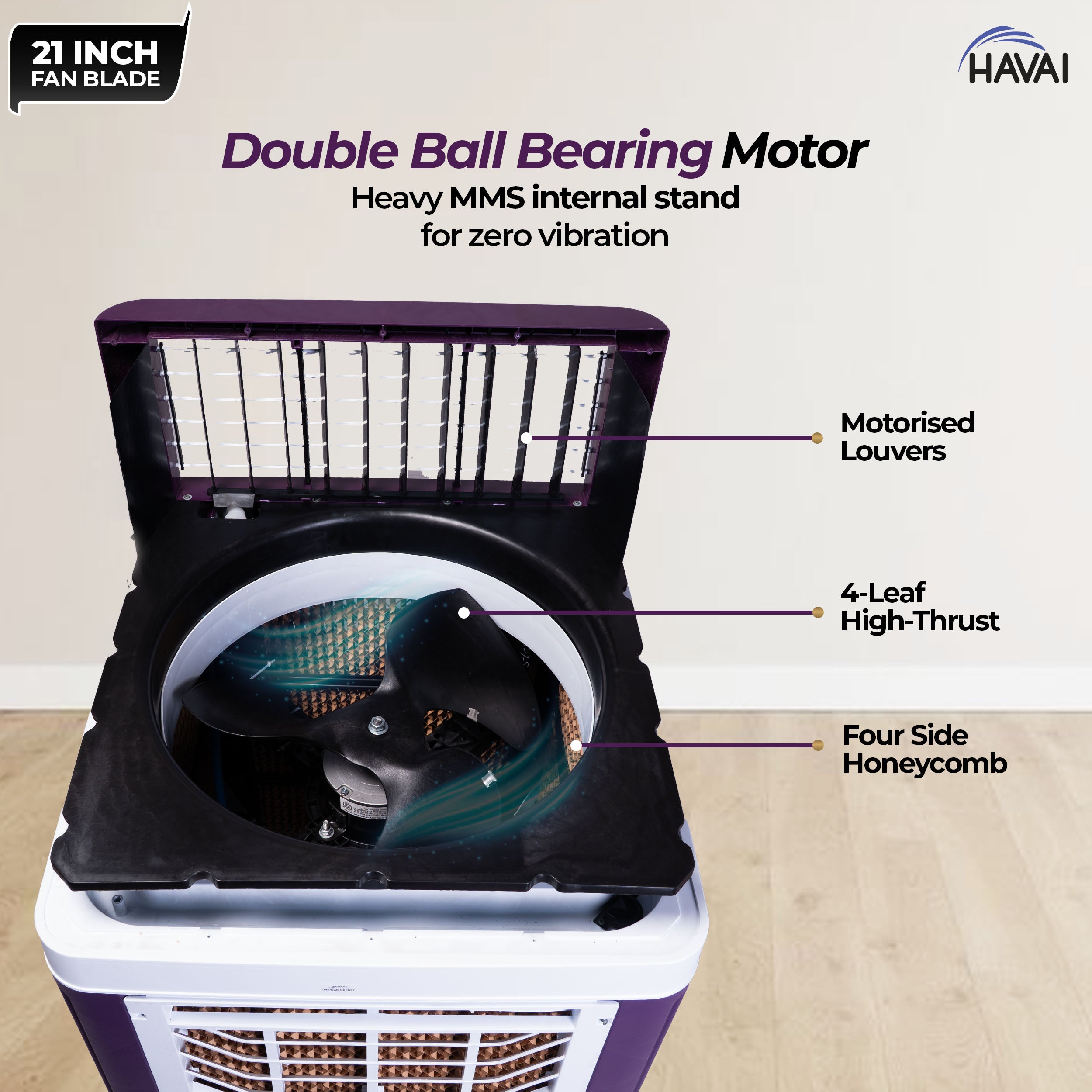 HAVAI 8X Flo Pro Plastic Body Duct Air Cooler | 100L Tank | 21” 4-Leaf Fan | 8500 m³/hr Airflow | 30 ft Air Throw | Double Ball Bearing Motor | 4-Side Honeycomb Cooling