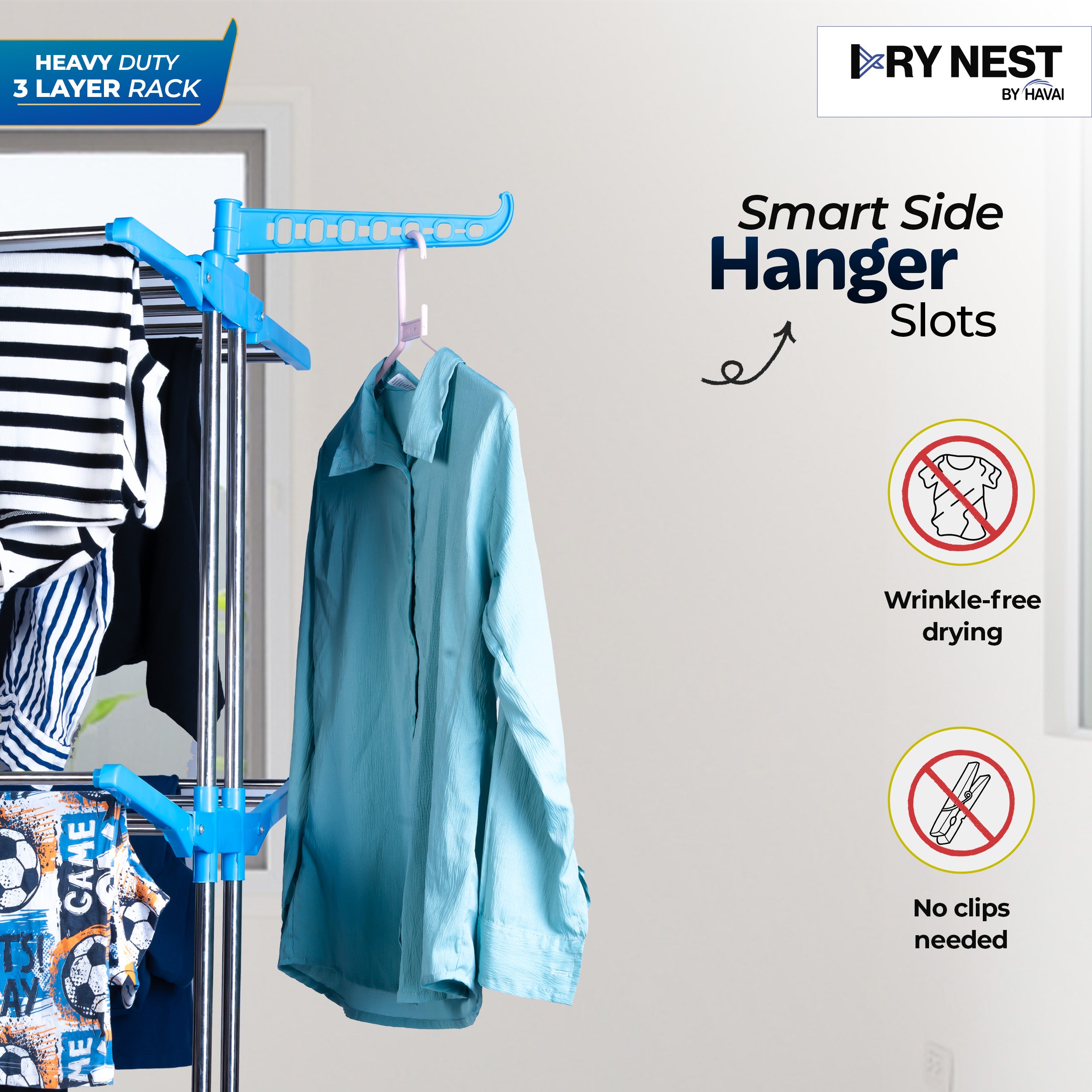 DryNest By HAVAI – Premium Clothes Drying Stand with Wheels | 3-Layer Jumbo Rack | Foldable Wings | 24 Hanger Rods | Anti-Rust Steel | Balcony-Friendly | Portable & Heavy-Duty