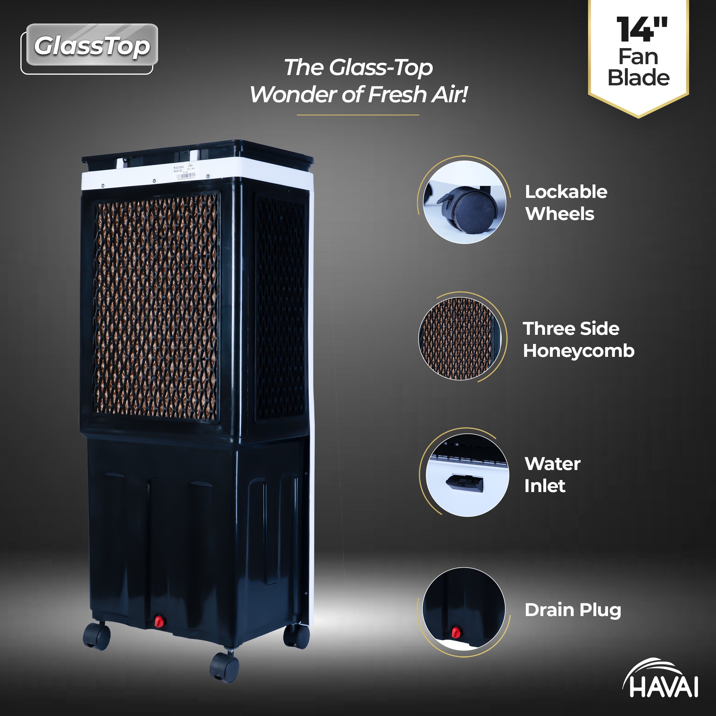HAVAI Premium Glass Top GT 14 Air Cooler | 60L Tank Capacity | 14" Fan Blade | 170W Power | 20ft Air Throw | 3-Side Honeycomb Cooling | Sleek Glass Top Design | 4 Castor Wheels