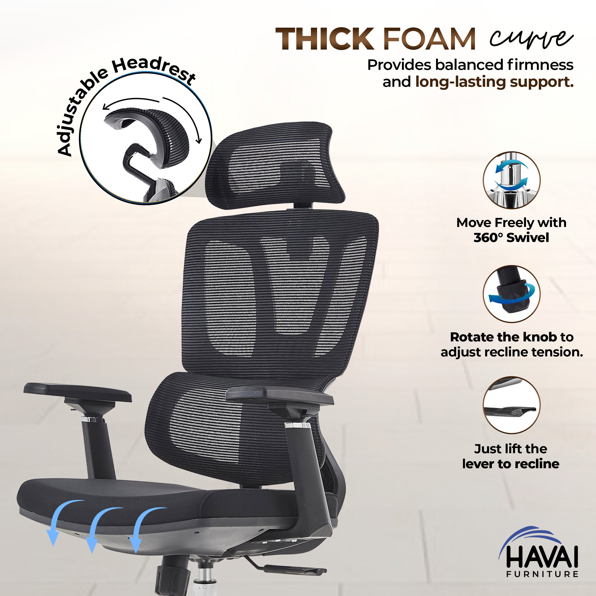 HAVAI Neo High Back Ergonomic Mesh Office Chair | Multi-Lock Mechanism | Chrome Base | 3D Armrests with PU Pads | Adjustable Headrest | Breathable Mesh Back (Black