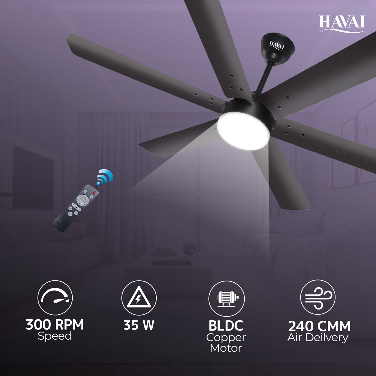 HAVAI Spinel BLDC Ceiling Fan 35W, 1200mm Blade with Remote - Smoky Brown,9W LED Light
