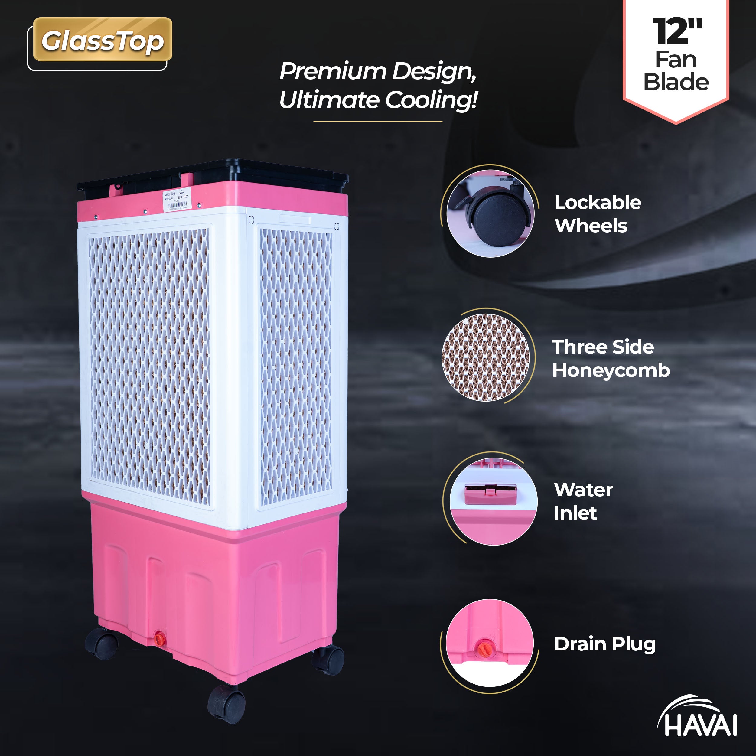 HAVAI Premium Glass Top GT 12 | 12" Fan Blade | 40 Litre Tank Capacity | 160W Power | 15ft Air Throw | 3-Side Honeycomb Cooling | Sleek Glass Top Design | 4 Castor Wheels (PINK)