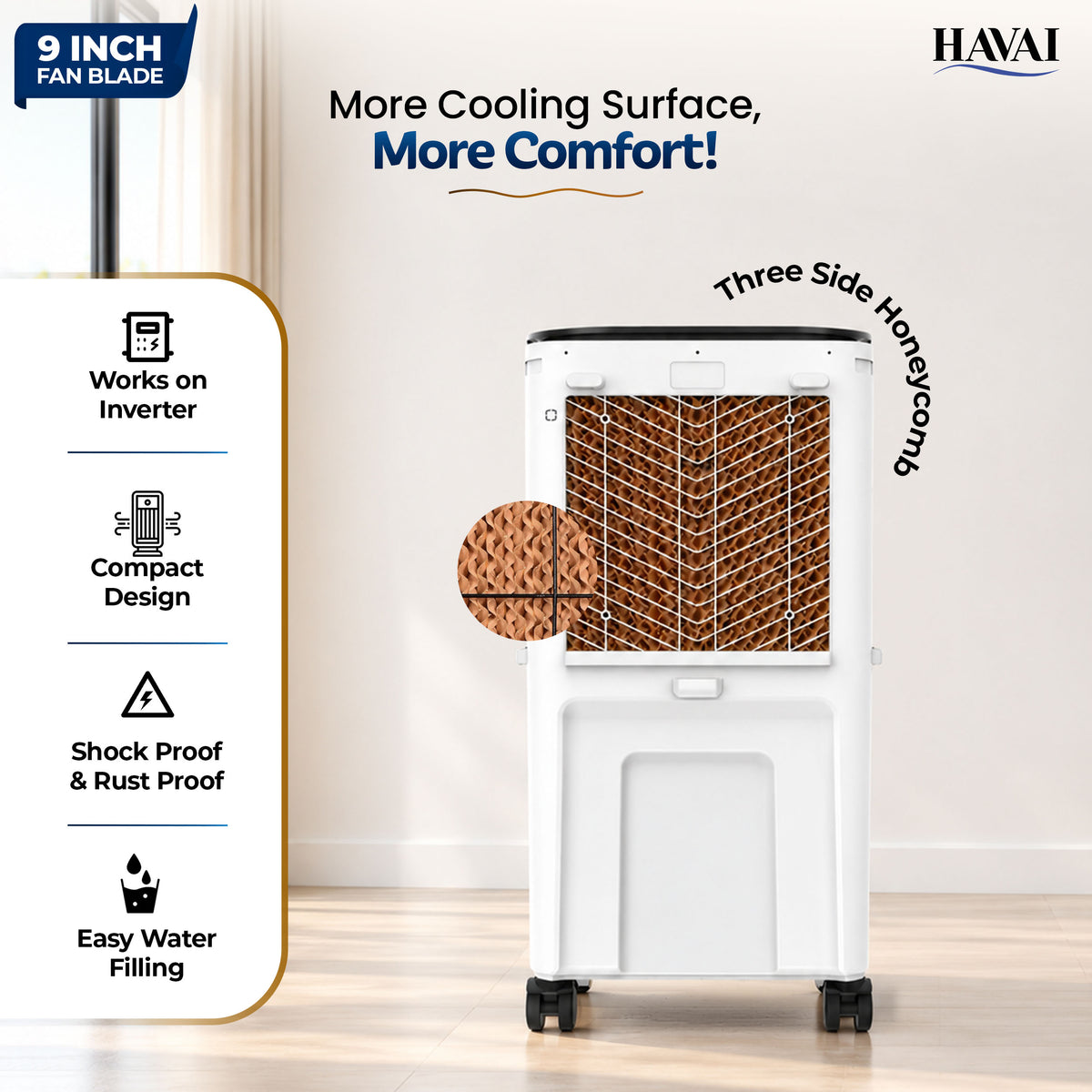 Havai Elite 9 Personal Air Cooler, 35L Tank, 3-Side Honeycomb, Glass Top 9-inch blade, 1800 CMH, 5-ft air throw, 75W power