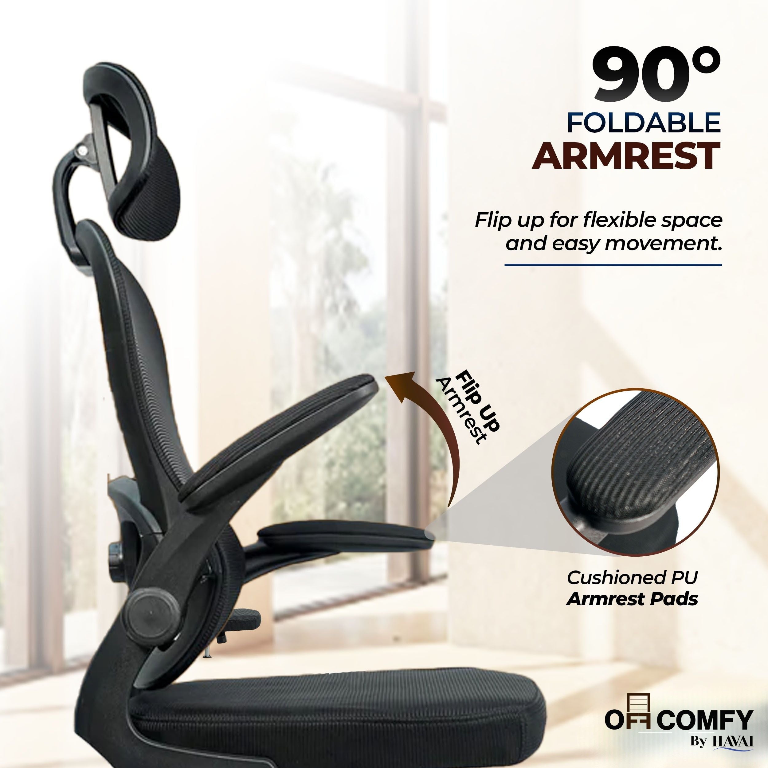HAVAI LUMA BLACK Ergonomic Mesh Office Chair | Mid Back | Breathable Net Fabric | Height Adjustable | Class 2 Gas Lift | Nylon Base | Smooth Wheels | WFH & Office (BLACK)