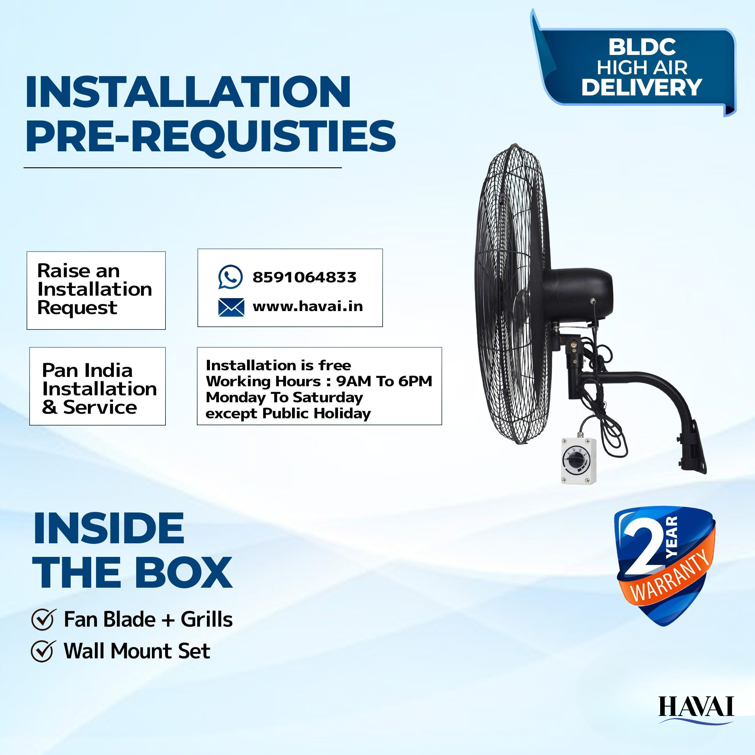 20" BLDC High-Speed Wall-Mount Fan – 3-Blade Design, Energy Efficient (20W-120W), 700-1400 RPM, 11,000 M³/Hr Airflow, 45-Foot Air Throw, 4-Speed Control, 2-Year Warranty