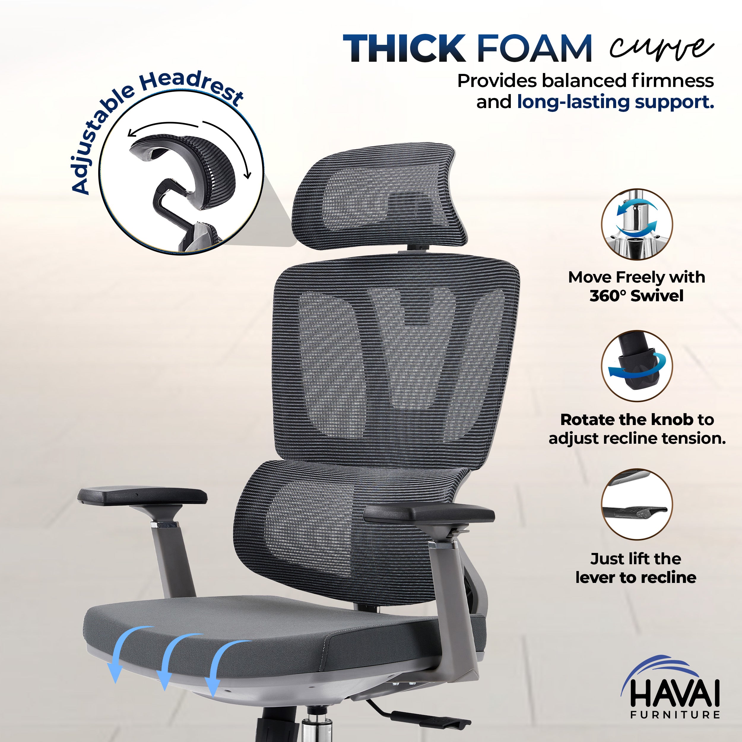 HAVAI Flexi High Back Black Mesh Ergonomic Office Chair | Multi-Lock Synchro Tilt | Aluminium Base | Class 4 Gaslift | Seat Slider | 3D Adjustable Armrests | 50mm Casters | Premium Mesh Back & Fabric Seat(Grey)