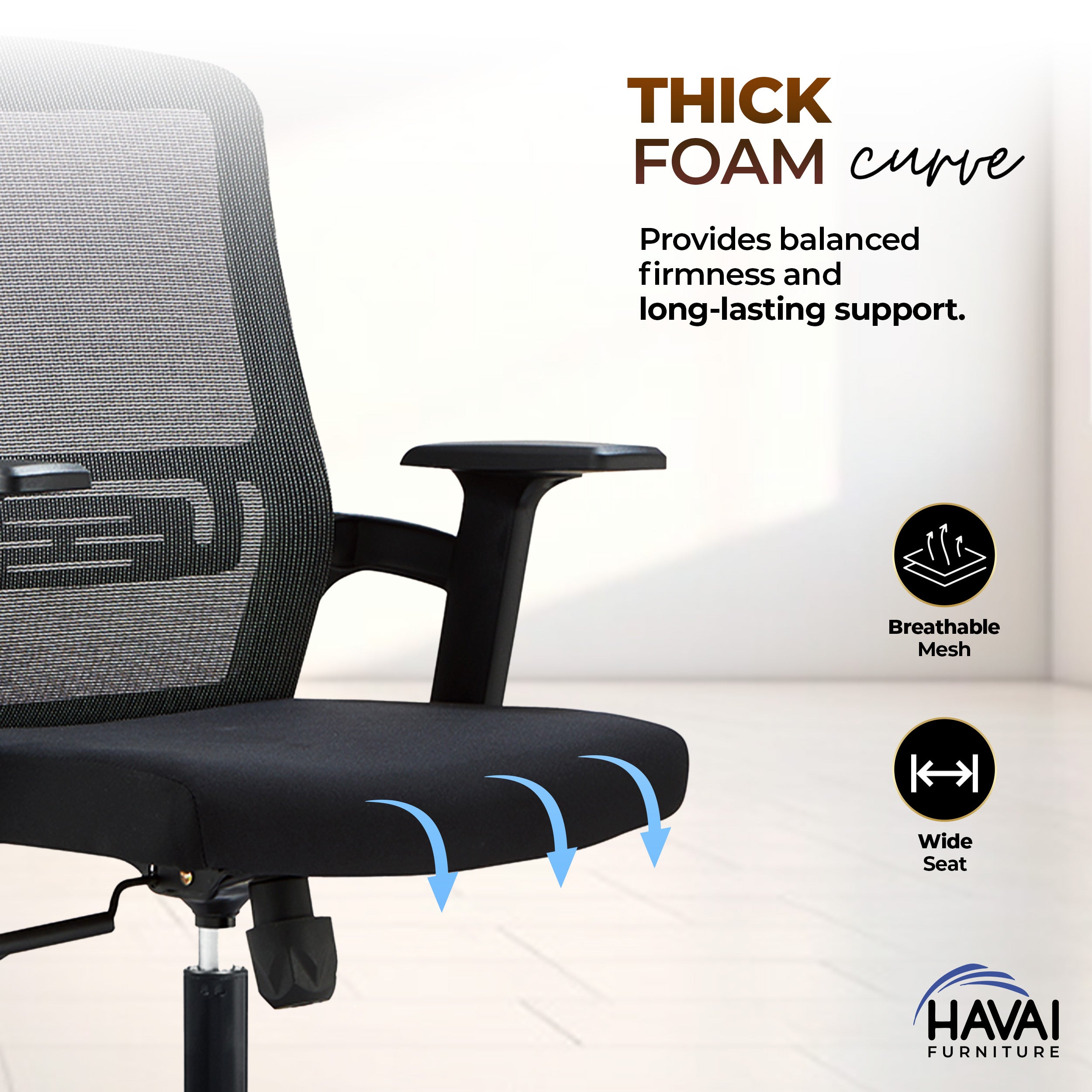 HAVAI Ergolite Mid Back Ergonomic Mesh Office Chair | One Lock Tilt Mechanism | Fixed Armrests | Nylon Base | Breathable Mesh Back (Black)
