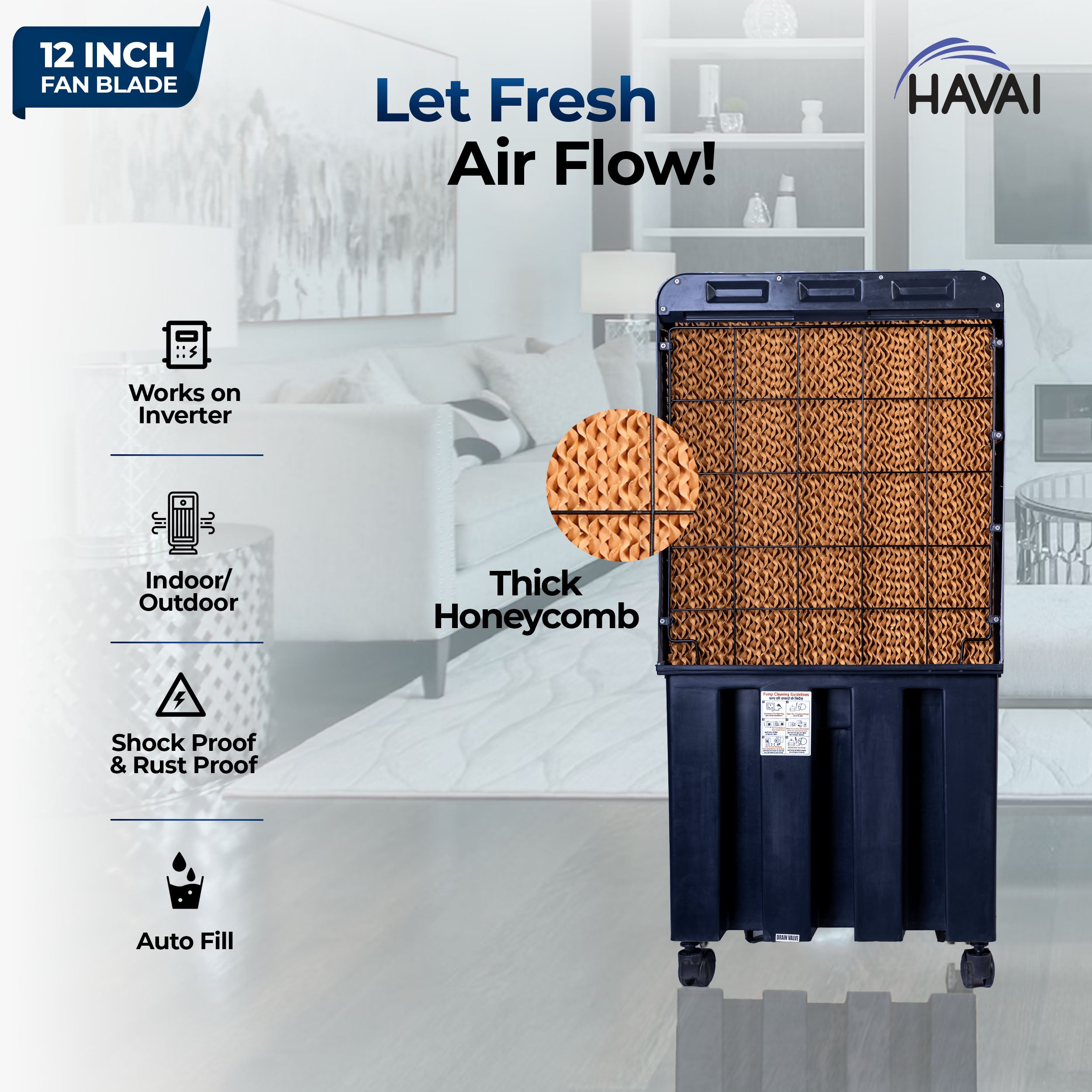 HAVAI Thunder-75 Tower Air Cooler | 70L Tank | 12″ Blade | Ideal for 150 sq ft Rooms | 130W Power | 10 ft Air Throw | 1350 RPM | Auto-Louver | 3-Speed | 1-Year On-Site Motor Warranty (Black & Grey)